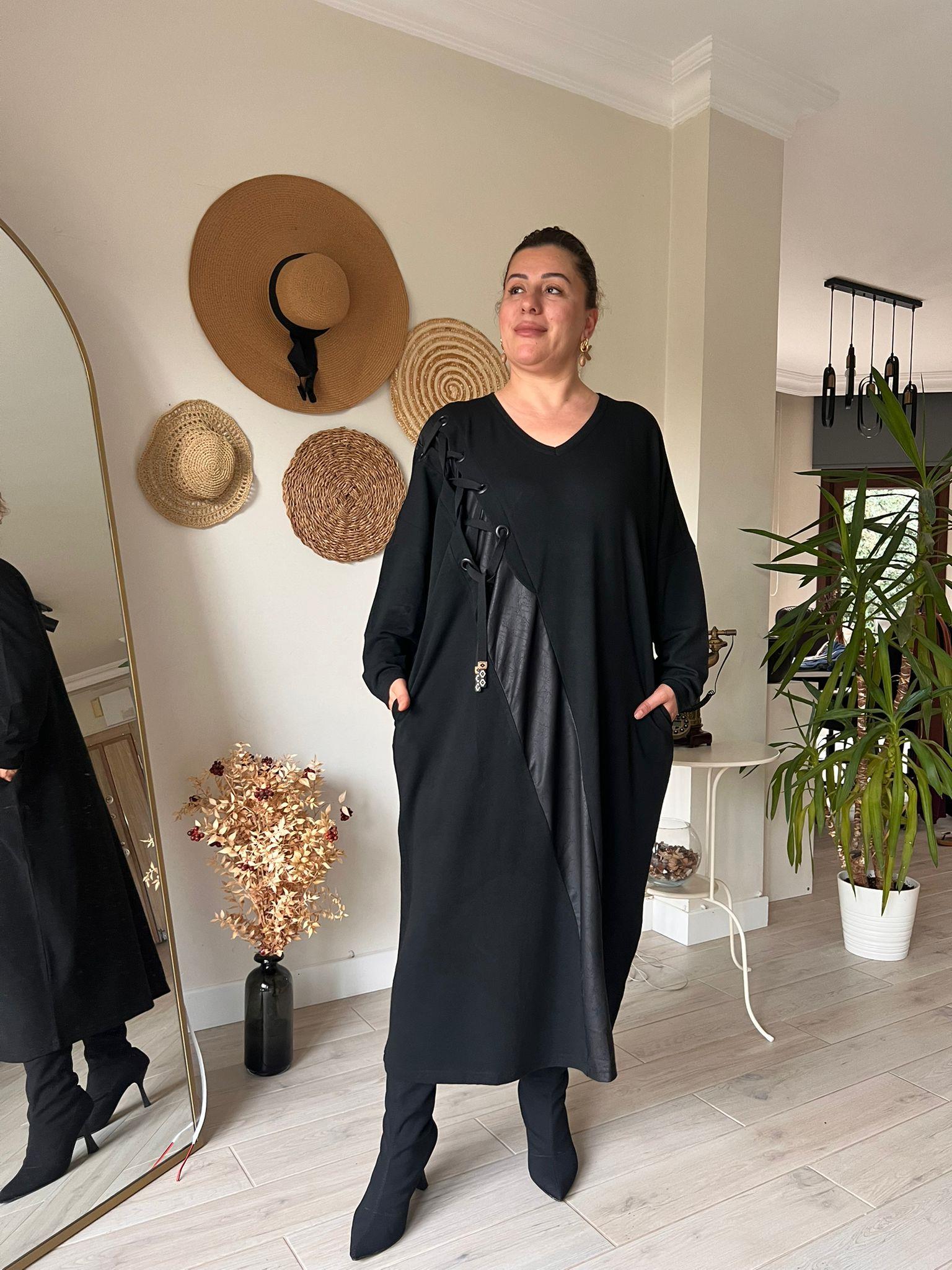 Çilek Kumaş Deri Detaylı Oversize Rahat Kalıp Elbise | Mjora Butik