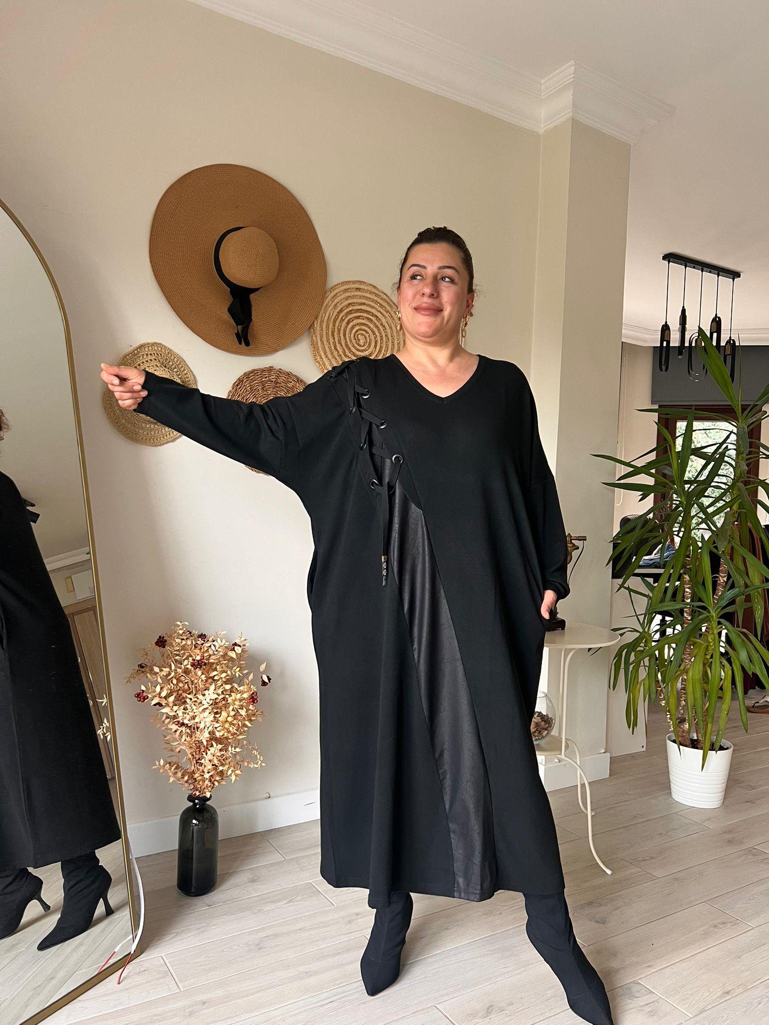 Çilek Kumaş Deri Detaylı Oversize Rahat Kalıp Elbise | Mjora Butik