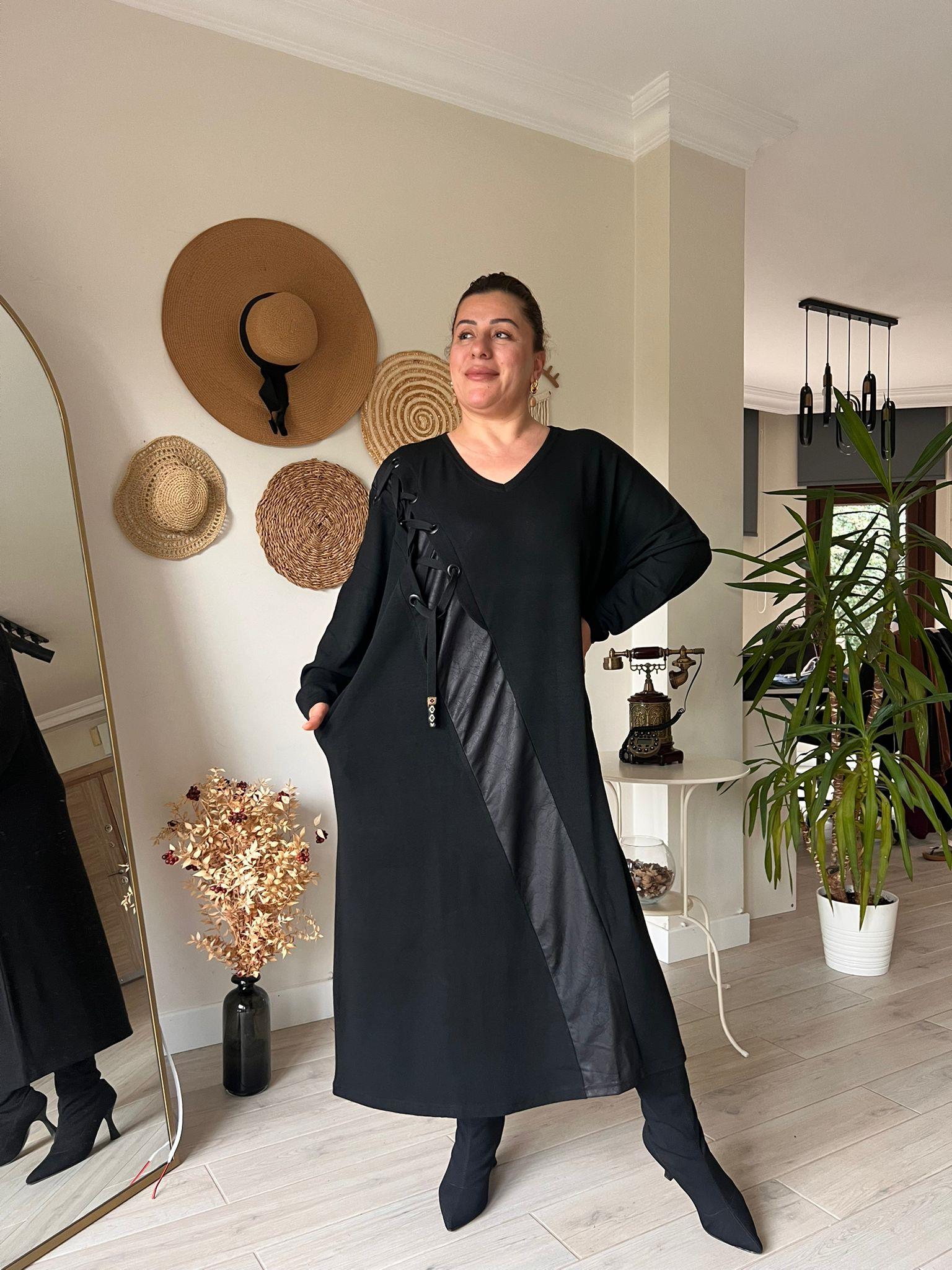 Çilek Kumaş Deri Detaylı Oversize Rahat Kalıp Elbise | Mjora Butik