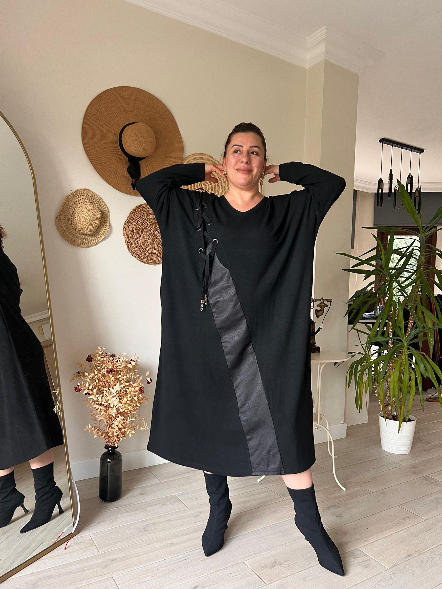 Çilek Kumaş Deri Detaylı Oversize Rahat Kalıp Elbise | Mjora Butik