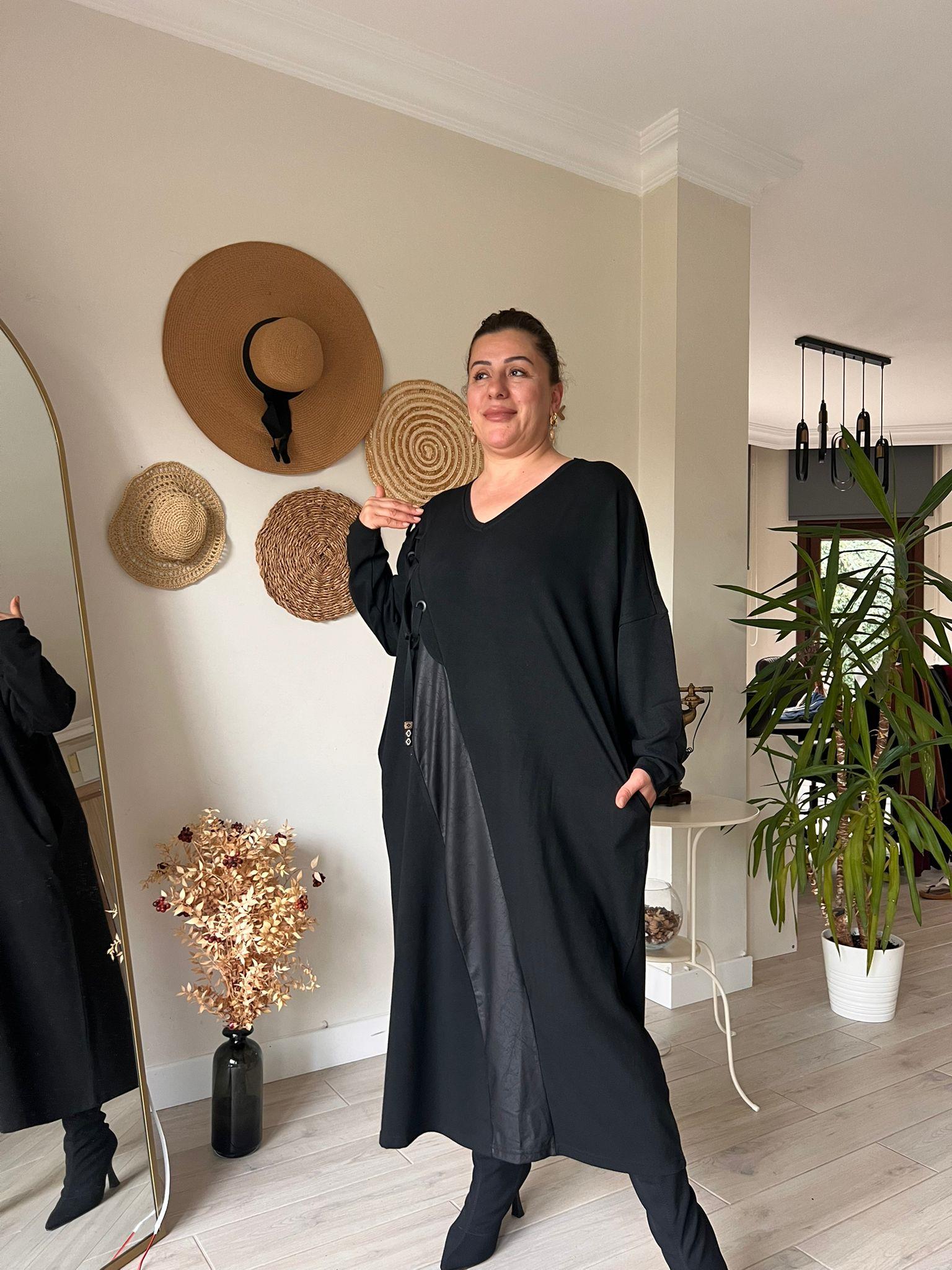 Çilek Kumaş Deri Detaylı Oversize Rahat Kalıp Elbise | Mjora Butik