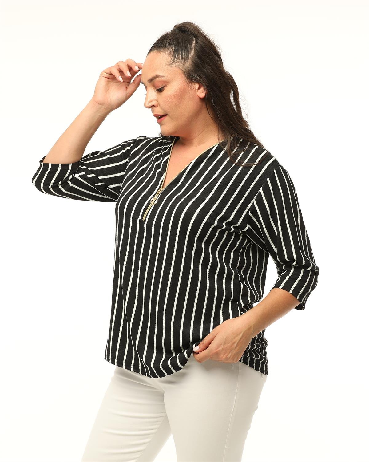 Çizgi Desen Yaka Fermuarlı Büyük Beden Bluz