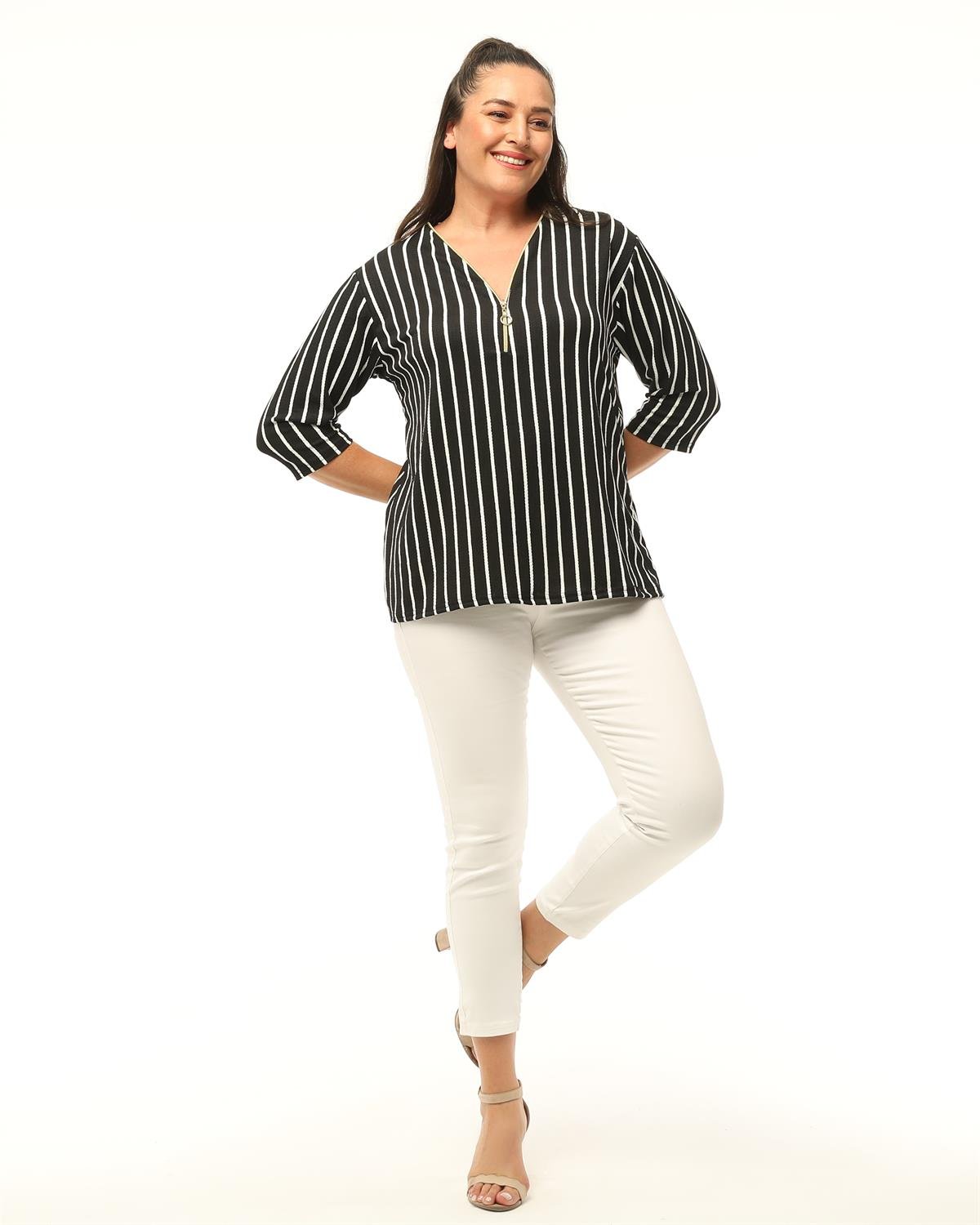 Çizgi Desen Yaka Fermuarlı Büyük Beden Bluz