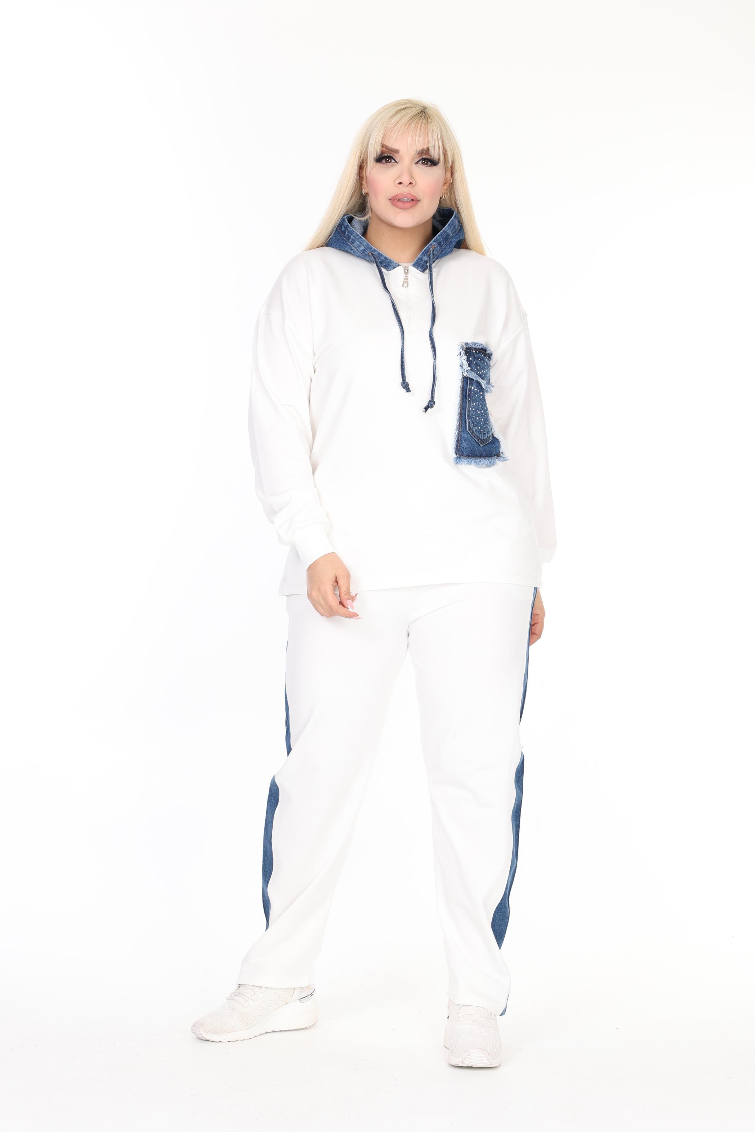 Denim Detaylı Örme Pamuklu Kumaş Alt-Üst Takım