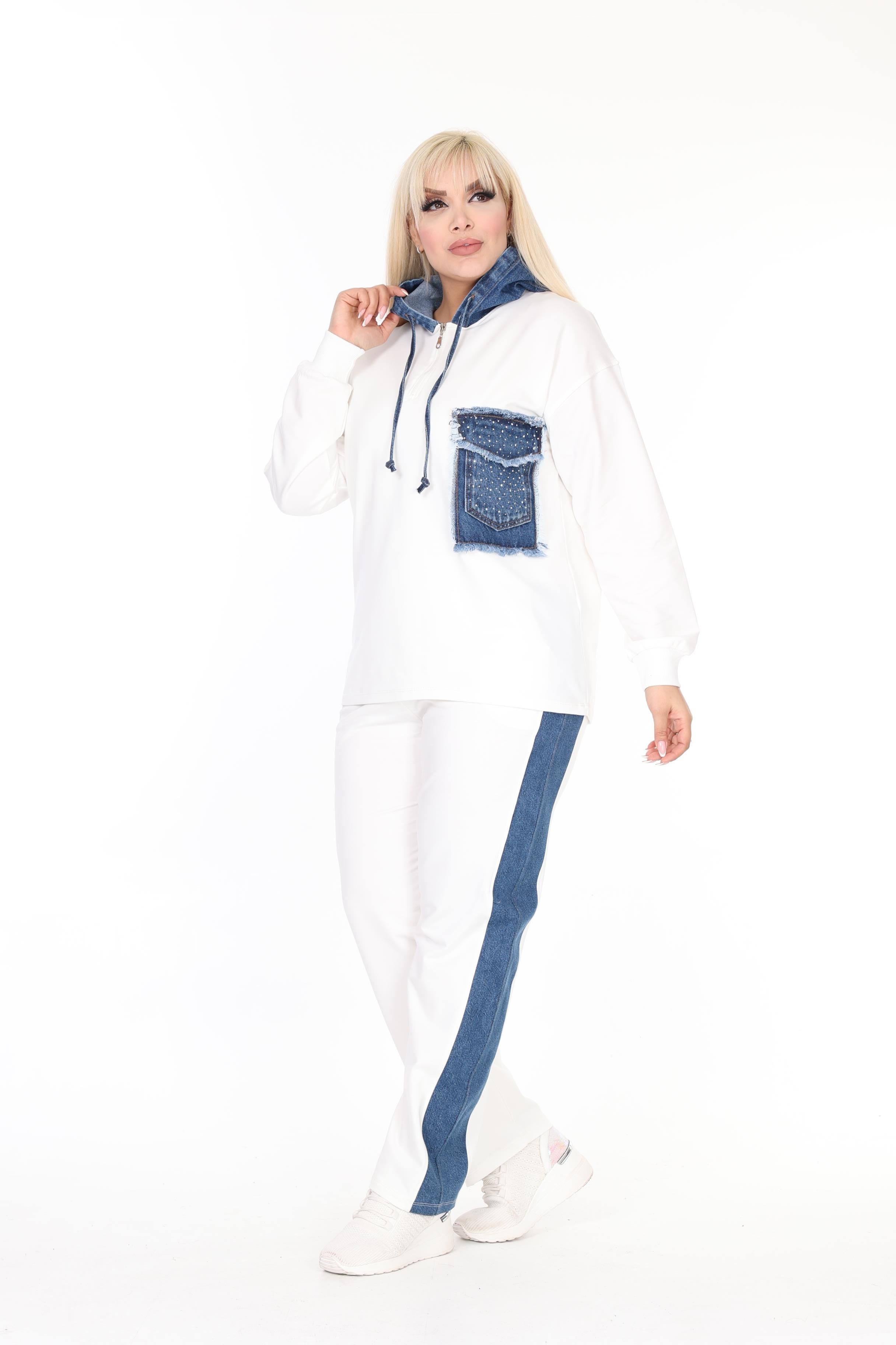 Denim Detaylı Örme Pamuklu Kumaş Alt-Üst Takım