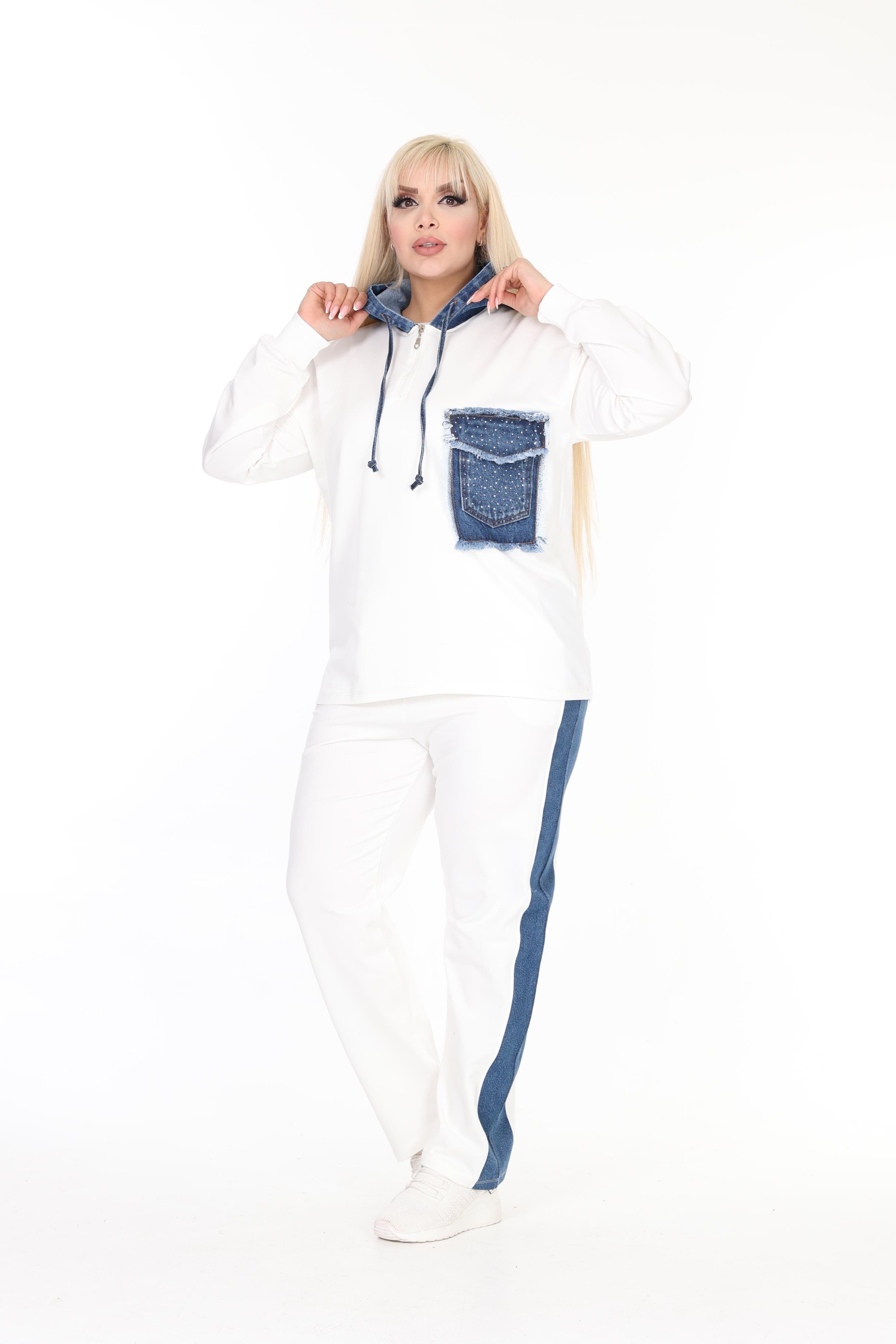 Denim Detaylı Örme Pamuklu Kumaş Alt-Üst Takım