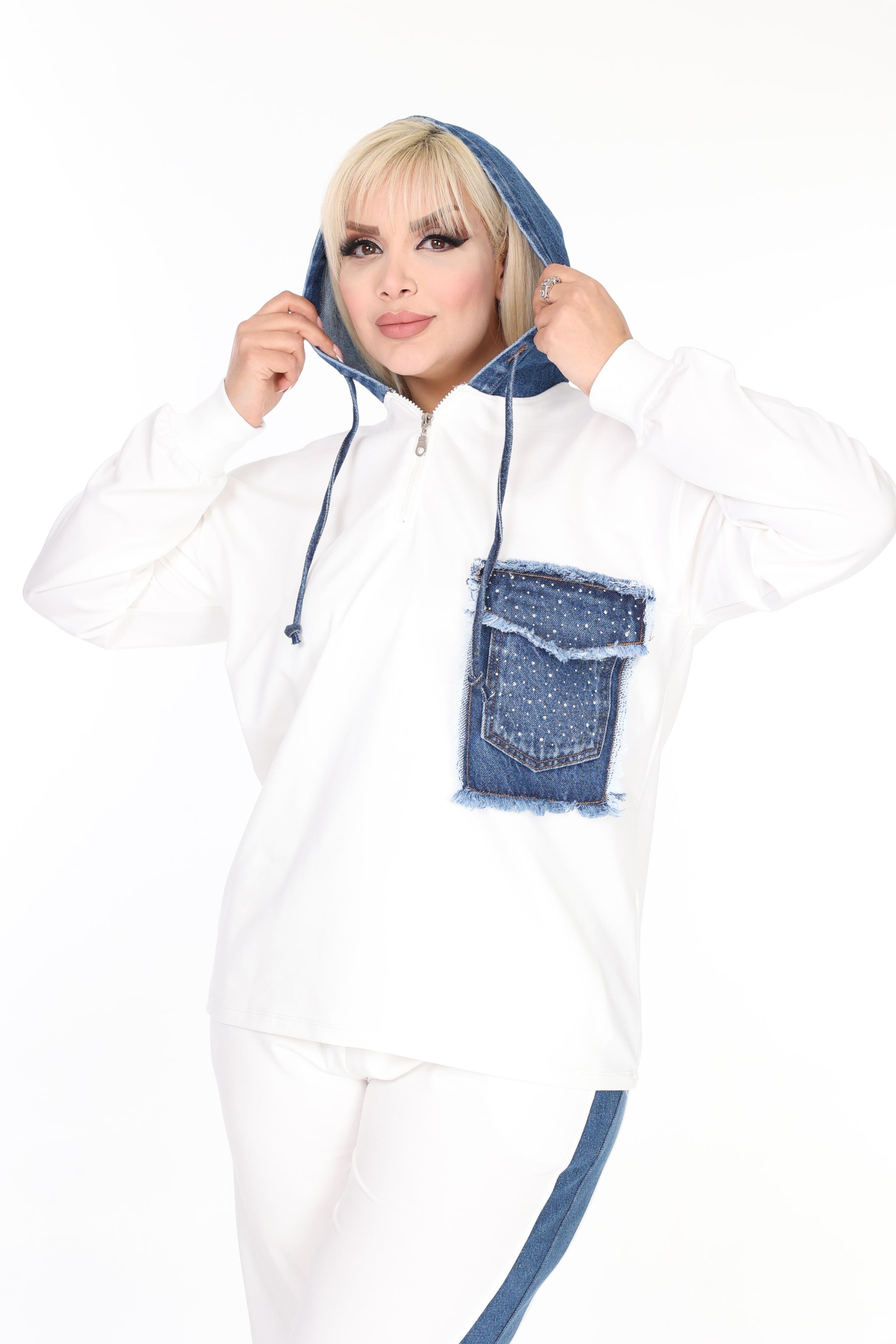 Denim Detaylı Örme Pamuklu Kumaş Alt-Üst Takım