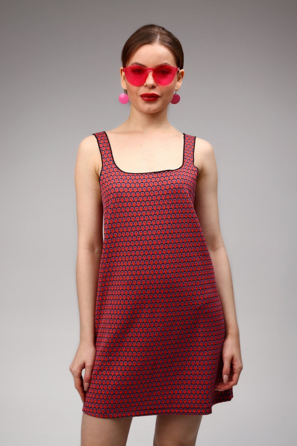 Desenli Dokulu Kalın Askılı Mini Elbise 