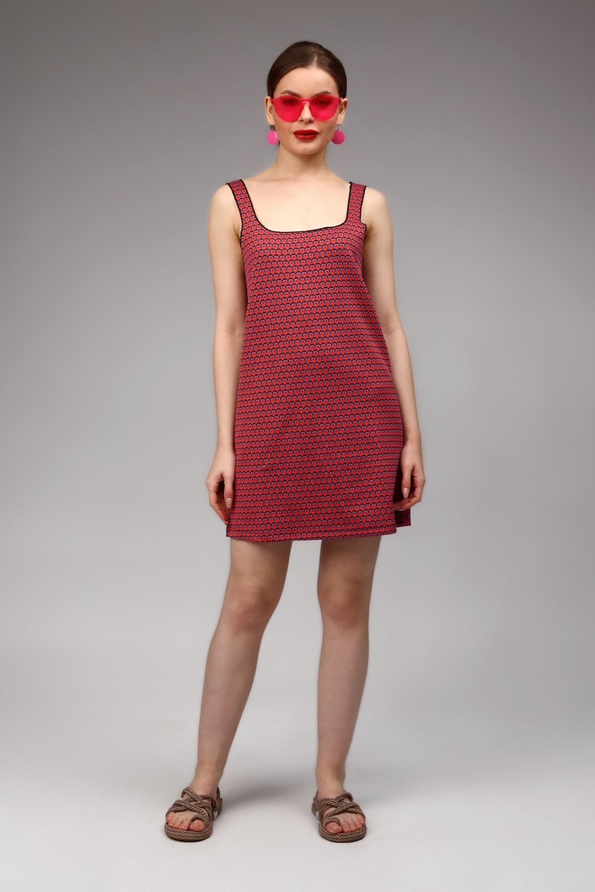 Desenli Dokulu Kalın Askılı Mini Elbise 