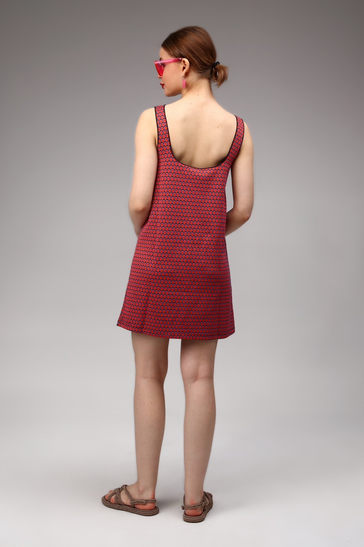 Desenli Dokulu Kalın Askılı Mini Elbise 