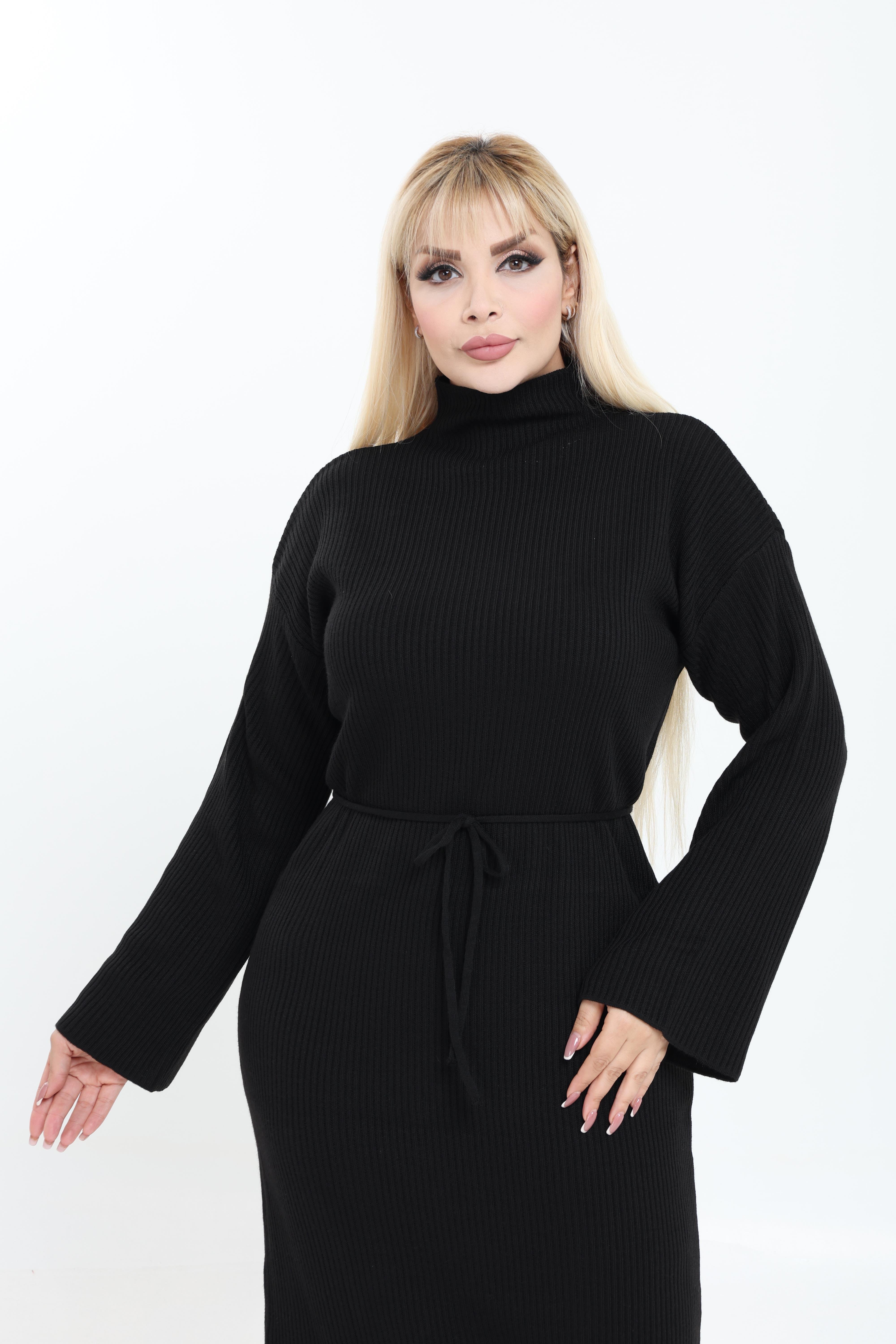 Dik Yaka Geniş Kol Triko Örme Elbise