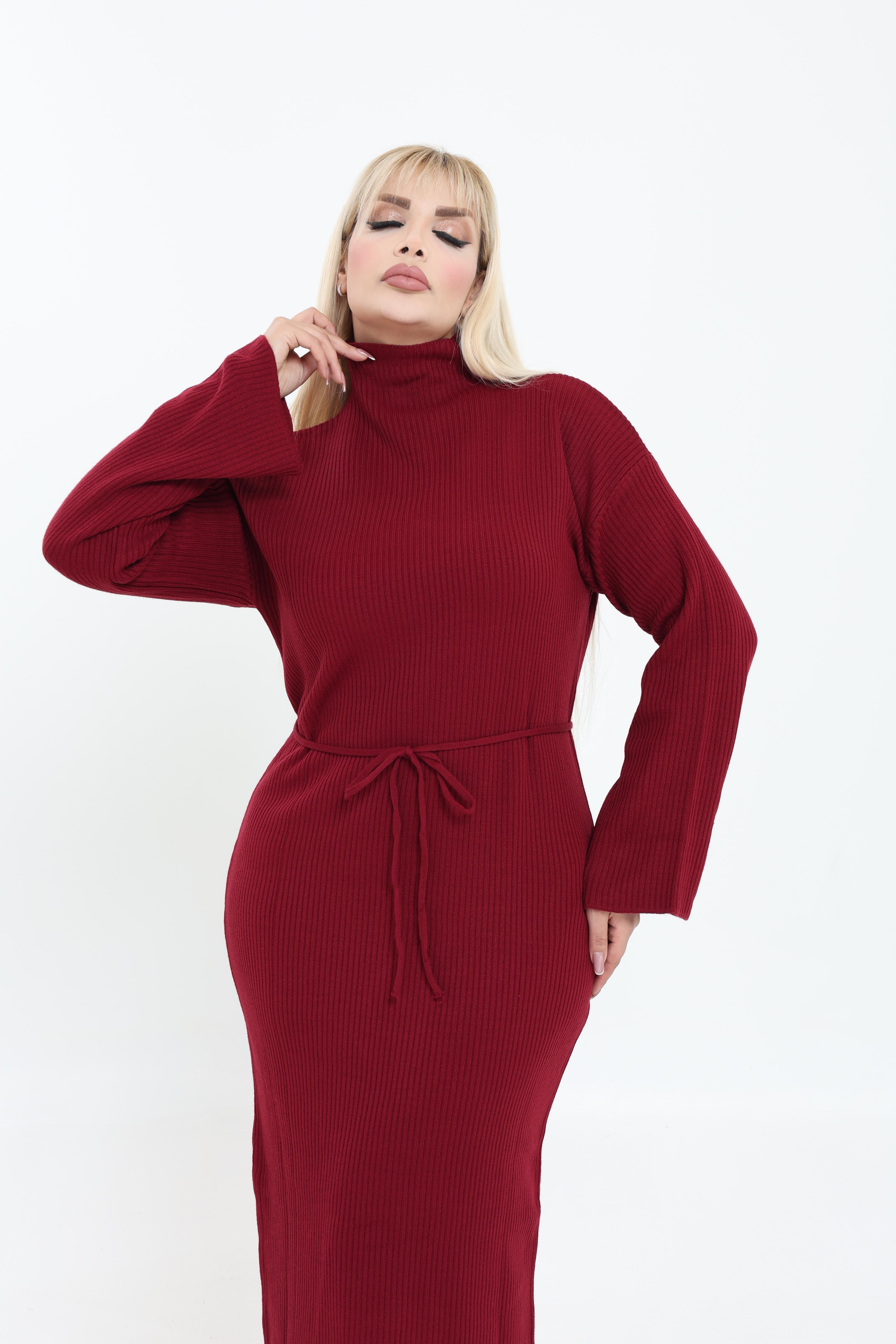 Dik Yaka Geniş Kol Triko Örme Elbise