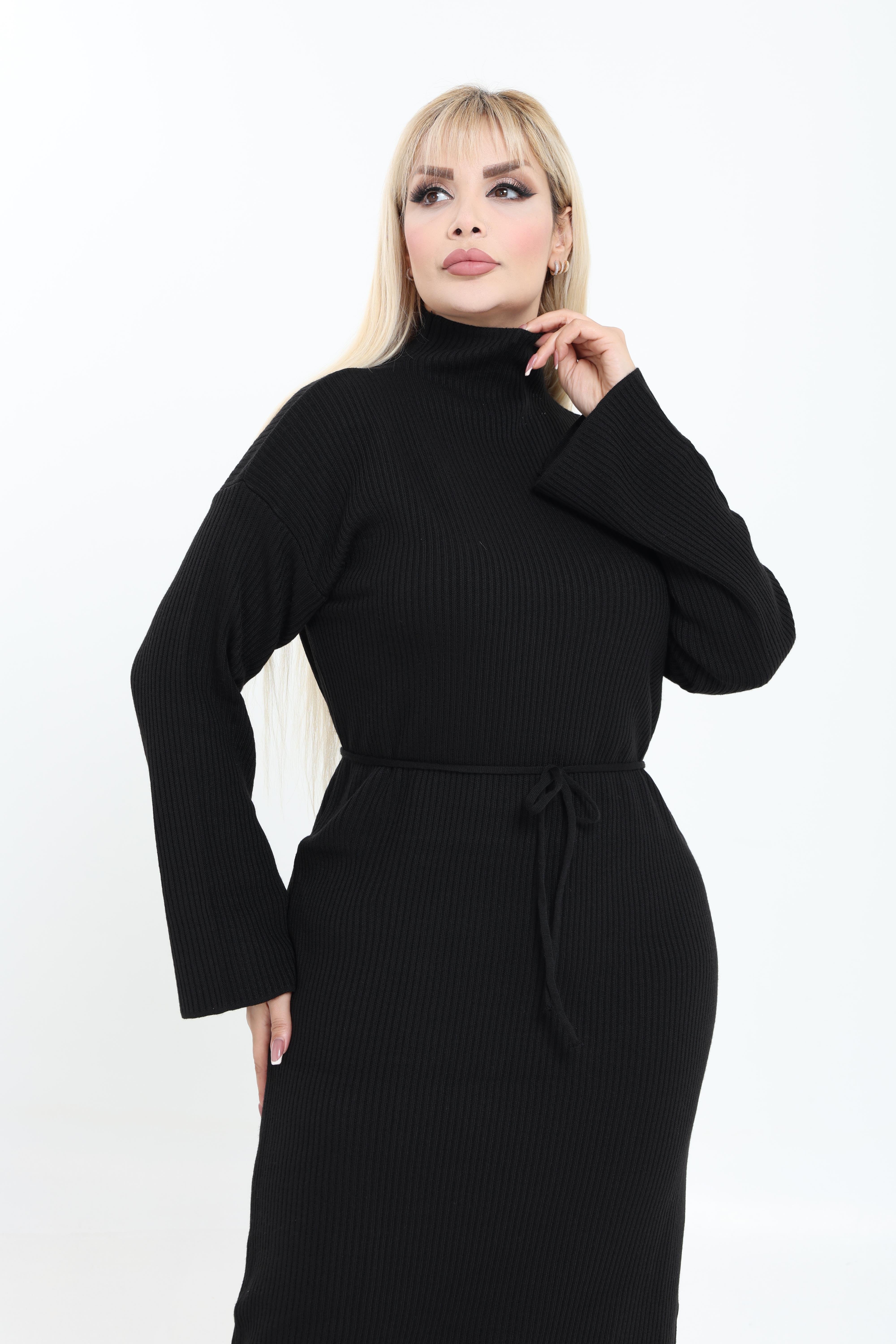 Dik Yaka Geniş Kol Triko Örme Elbise