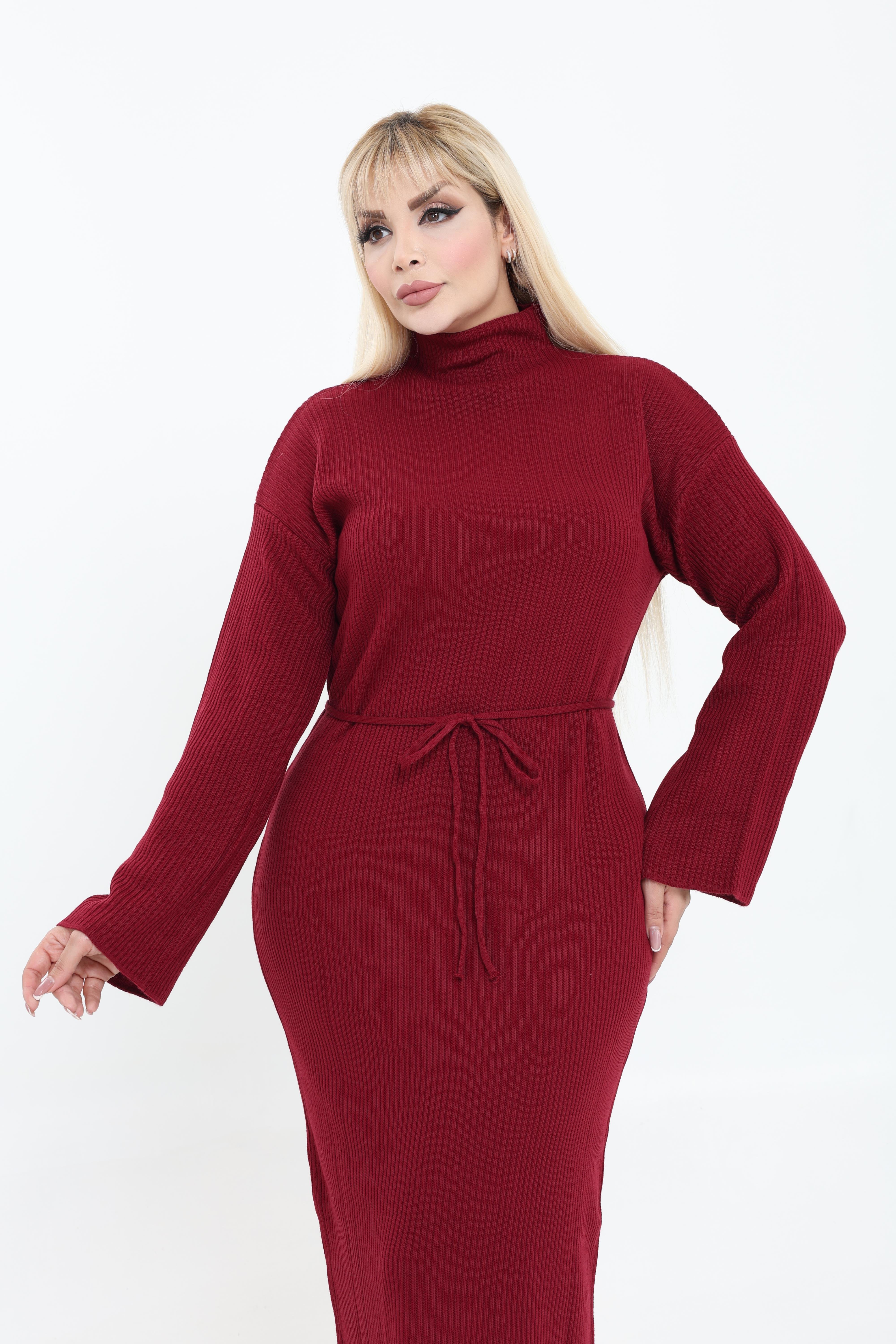 Dik Yaka Geniş Kol Triko Örme Elbise