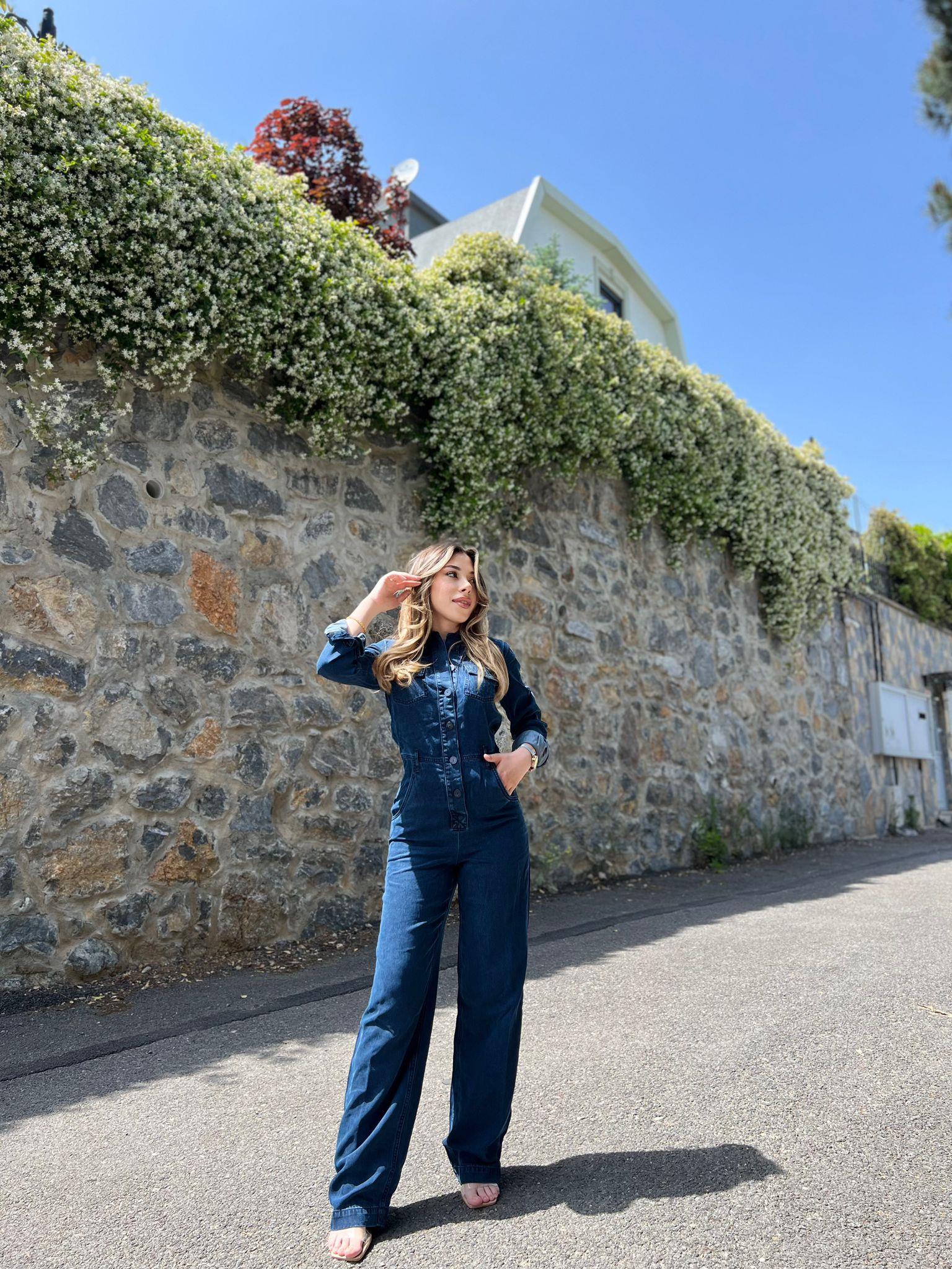 Düğmeli Uzun Denim Tulum 