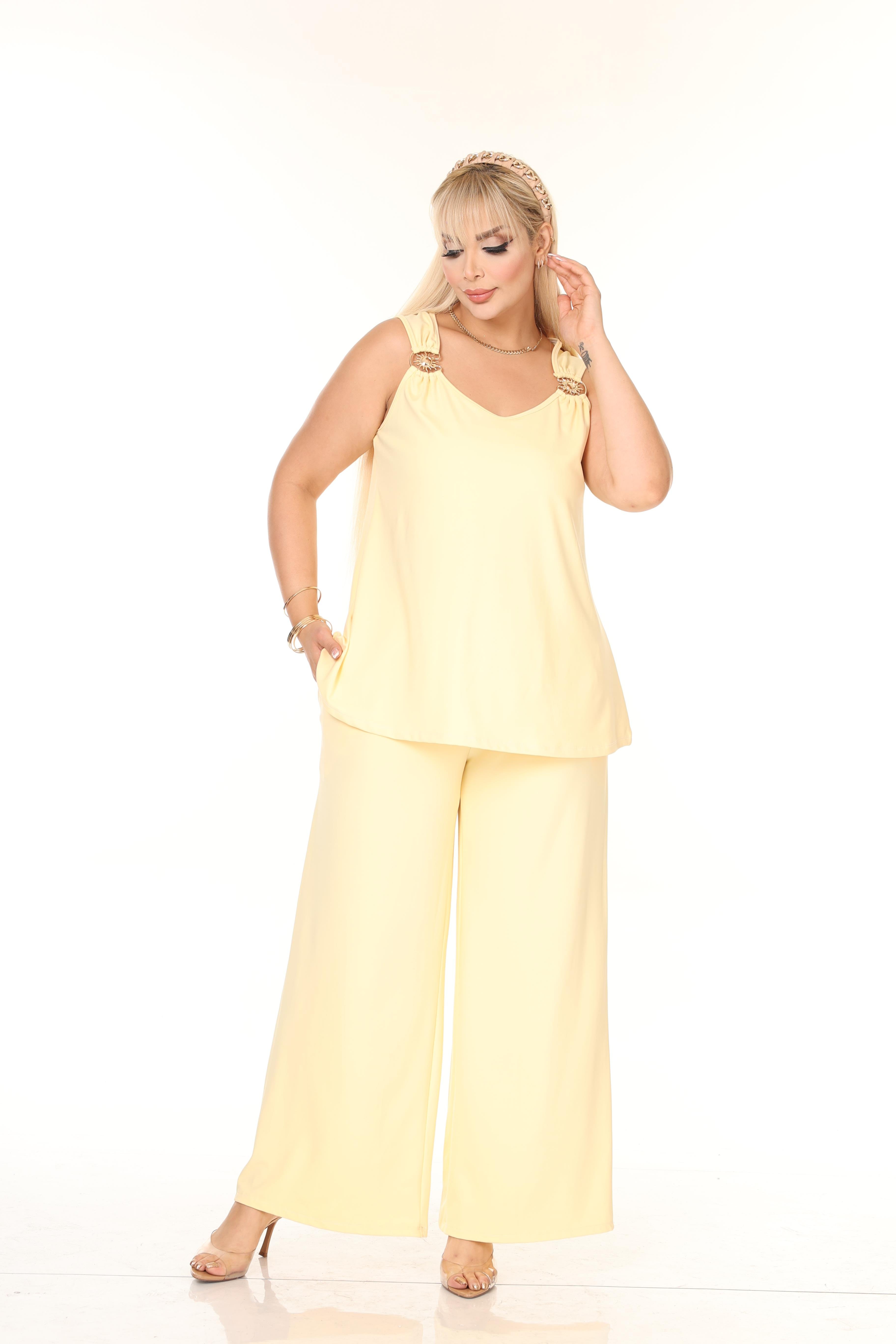 Güneş Detaylı Pantolon & Bluz Örme Büyük Beden Takım