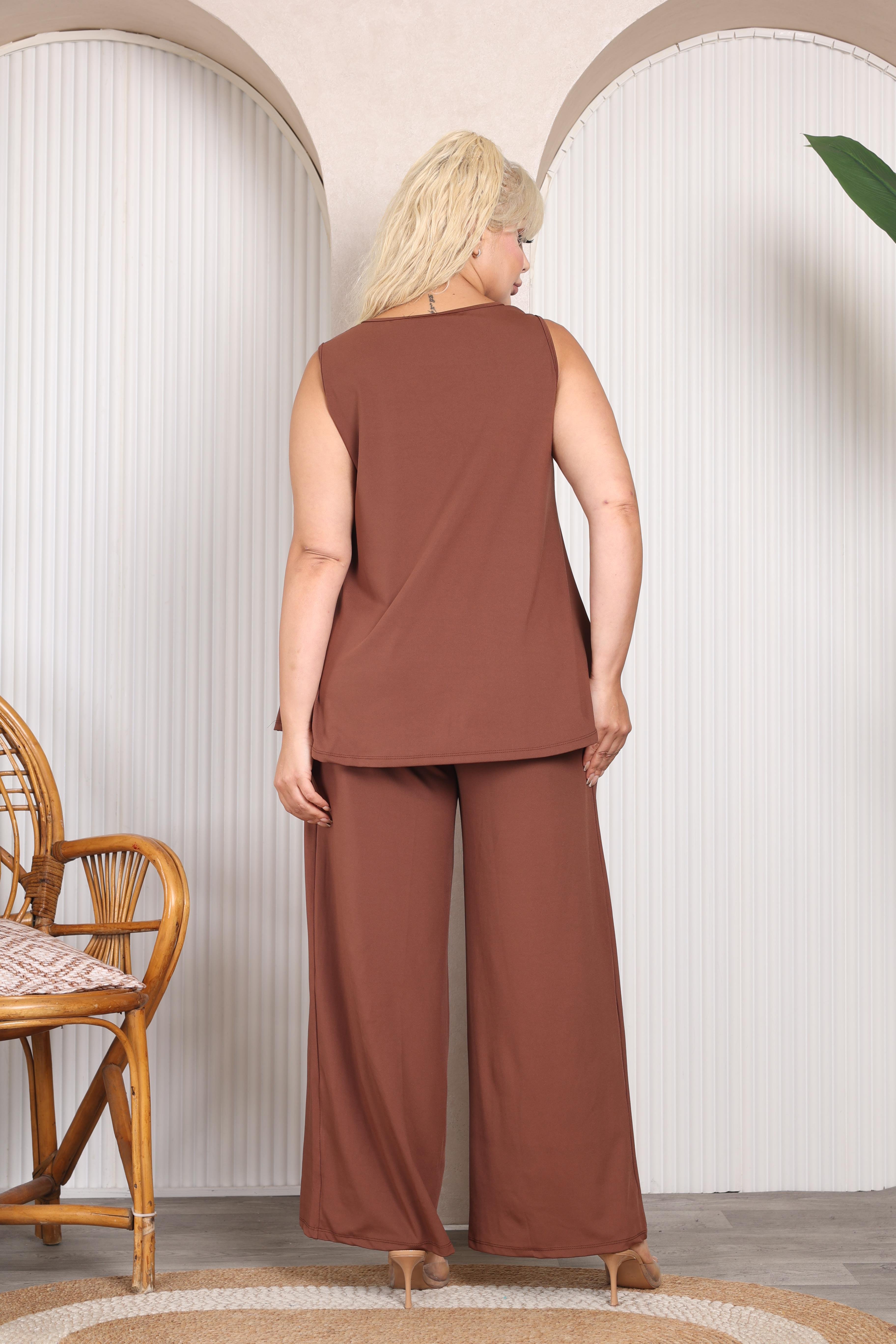 Güneş Detaylı Pantolon & Bluz Örme Büyük Beden Takım