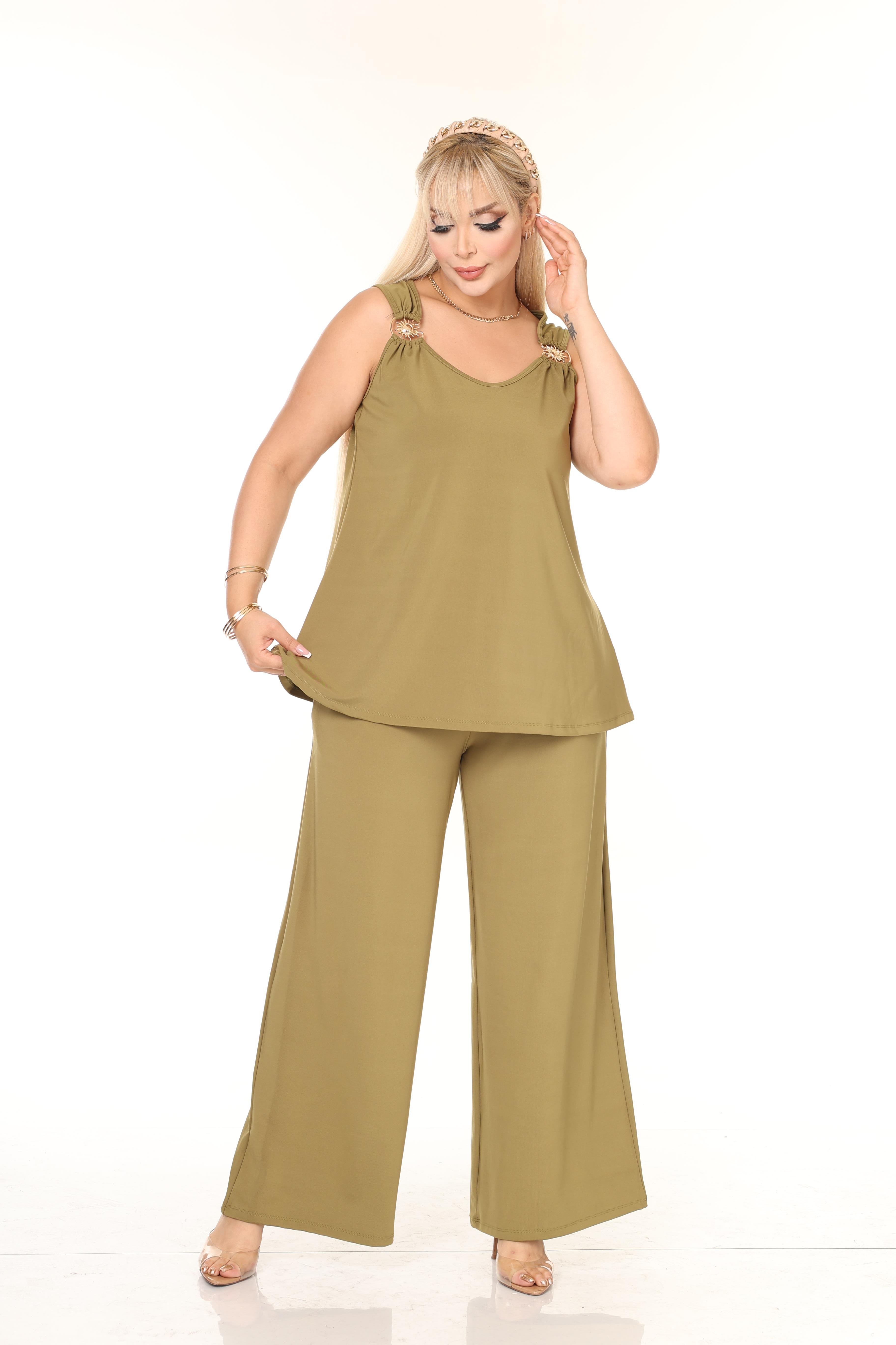 Güneş Detaylı Pantolon & Bluz Örme Büyük Beden Takım