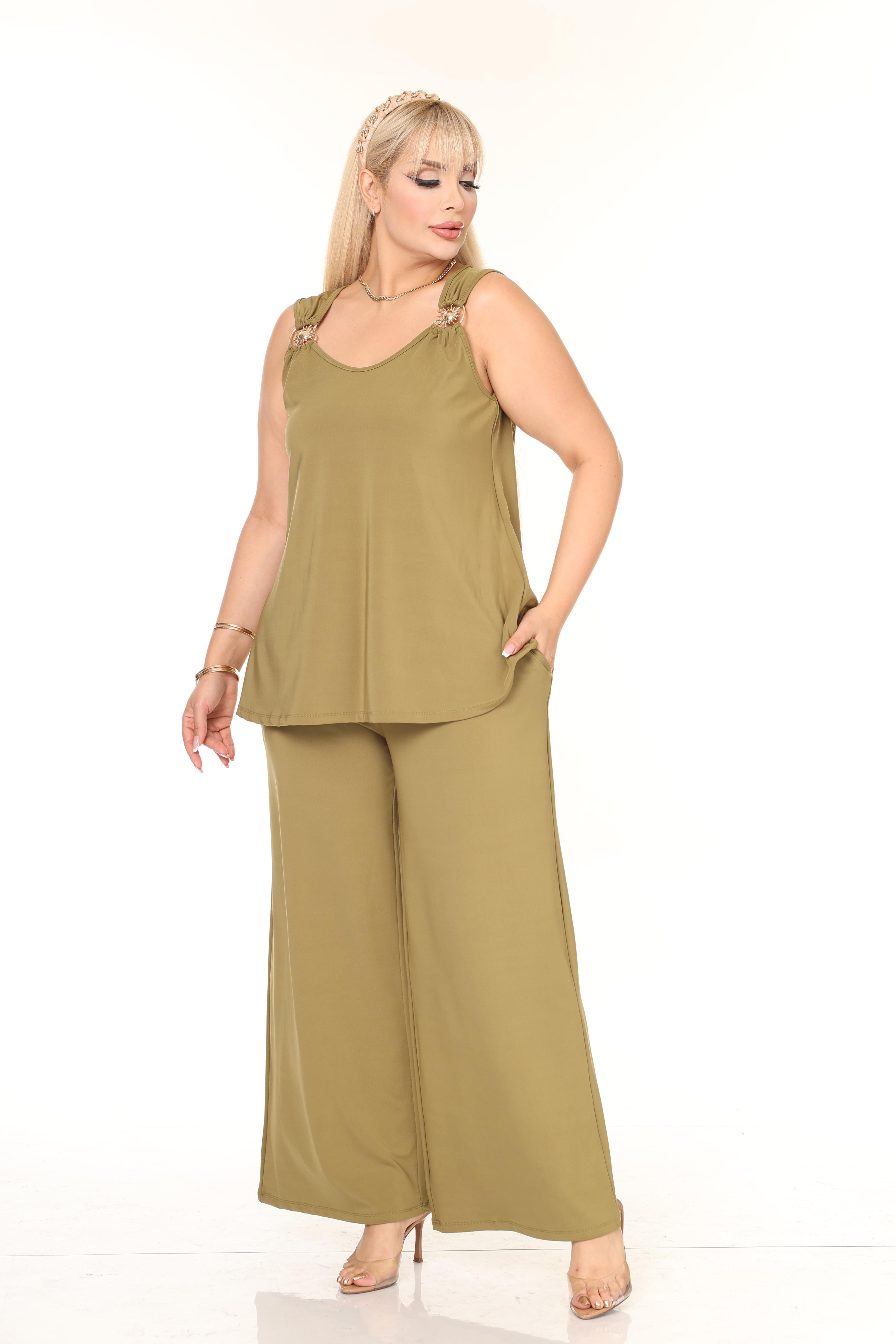 Güneş Detaylı Pantolon & Bluz Örme Büyük Beden Takım