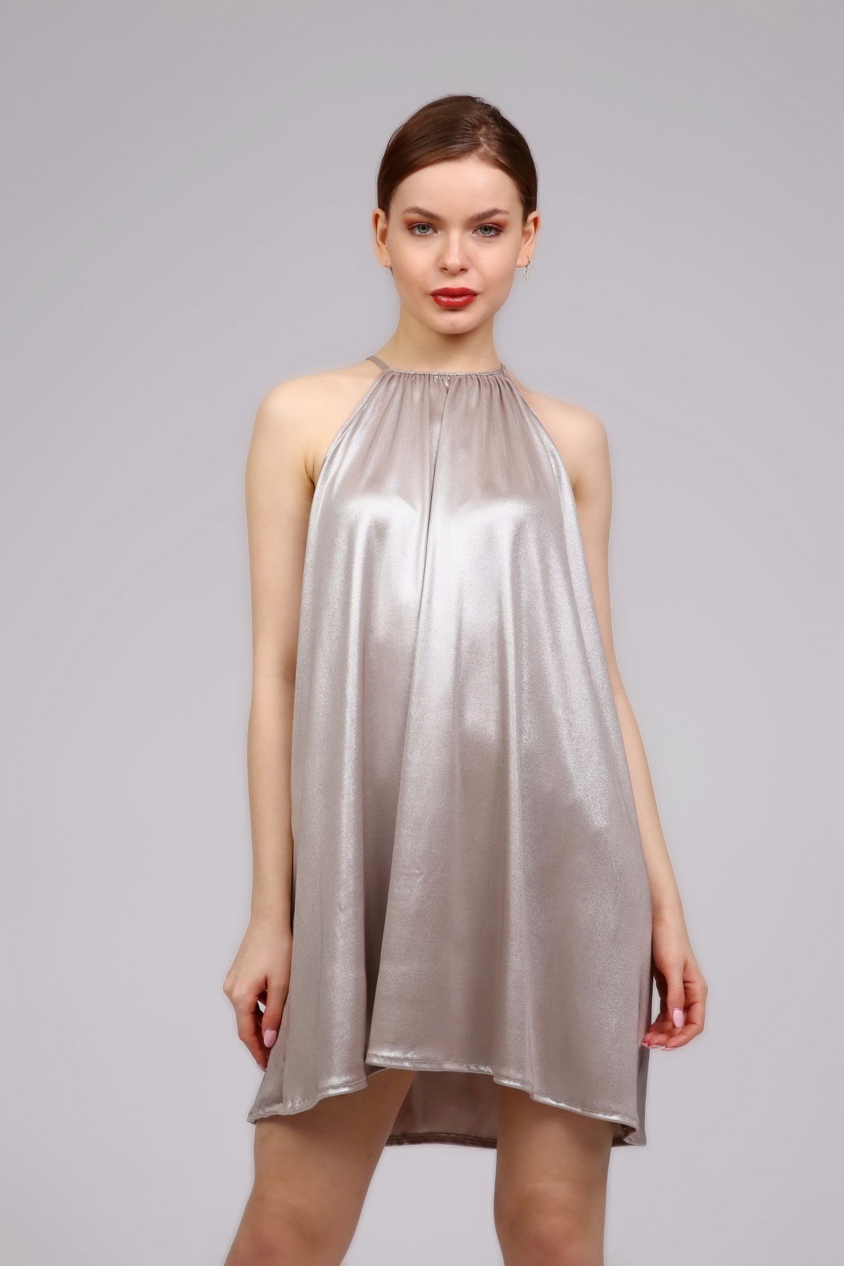 Halter Yaka Simli Mini Elbise 