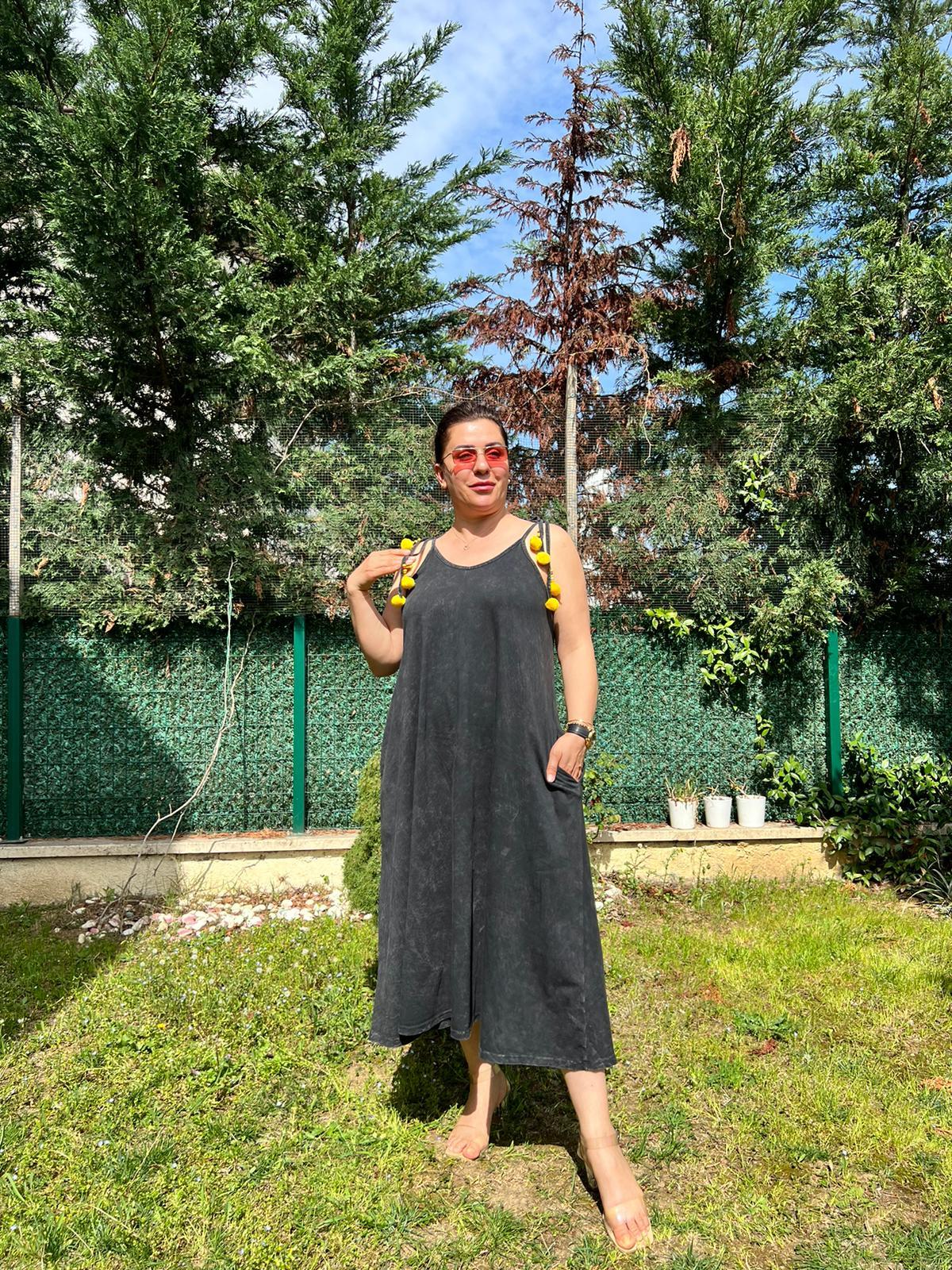 İp Askılı Cepli Geniş Kesim %100 Pamuk Yıkamalı Maxi Elbise