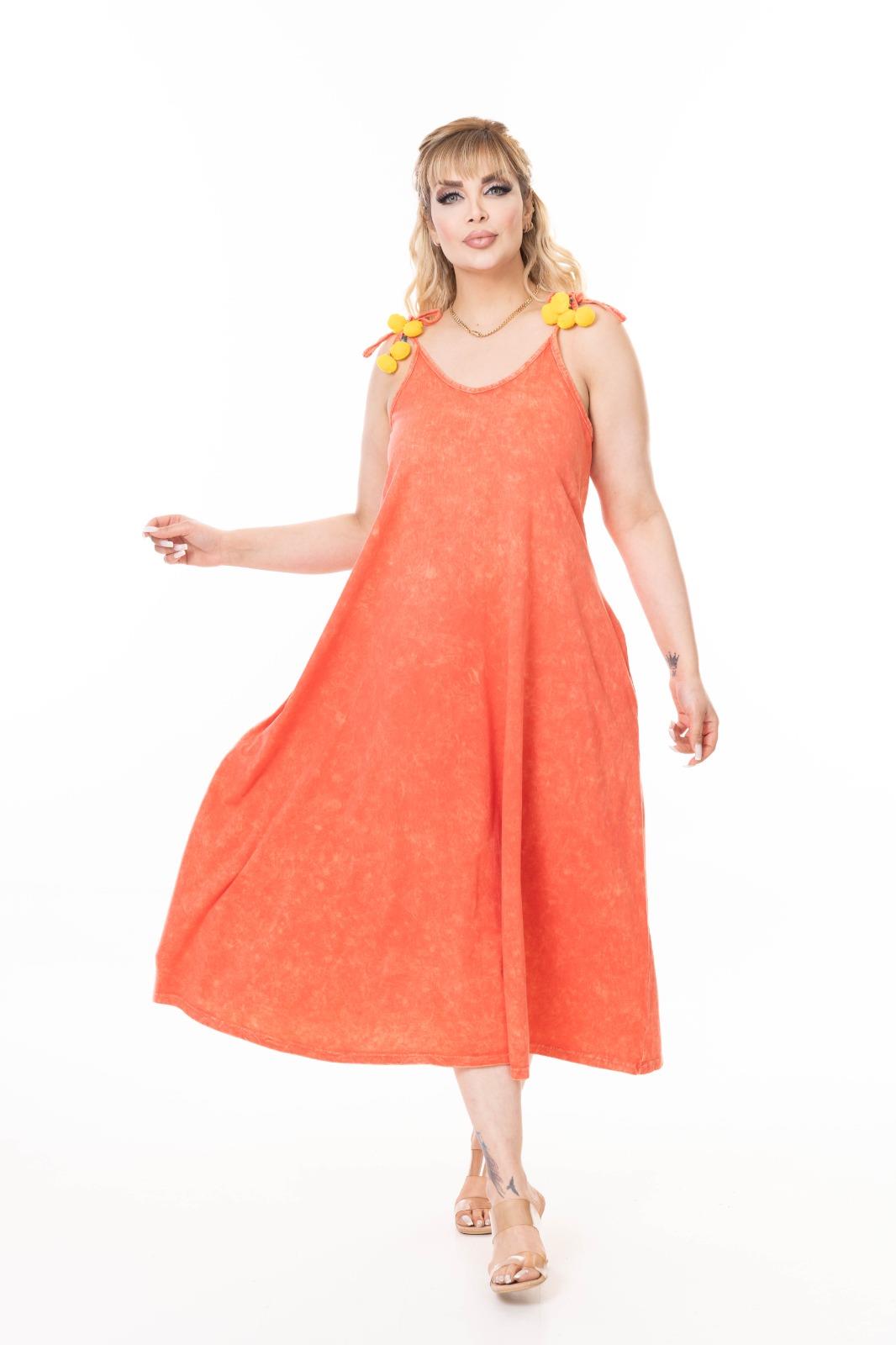 İp Askılı Cepli Geniş Kesim %100 Pamuk Yıkamalı Maxi Elbise