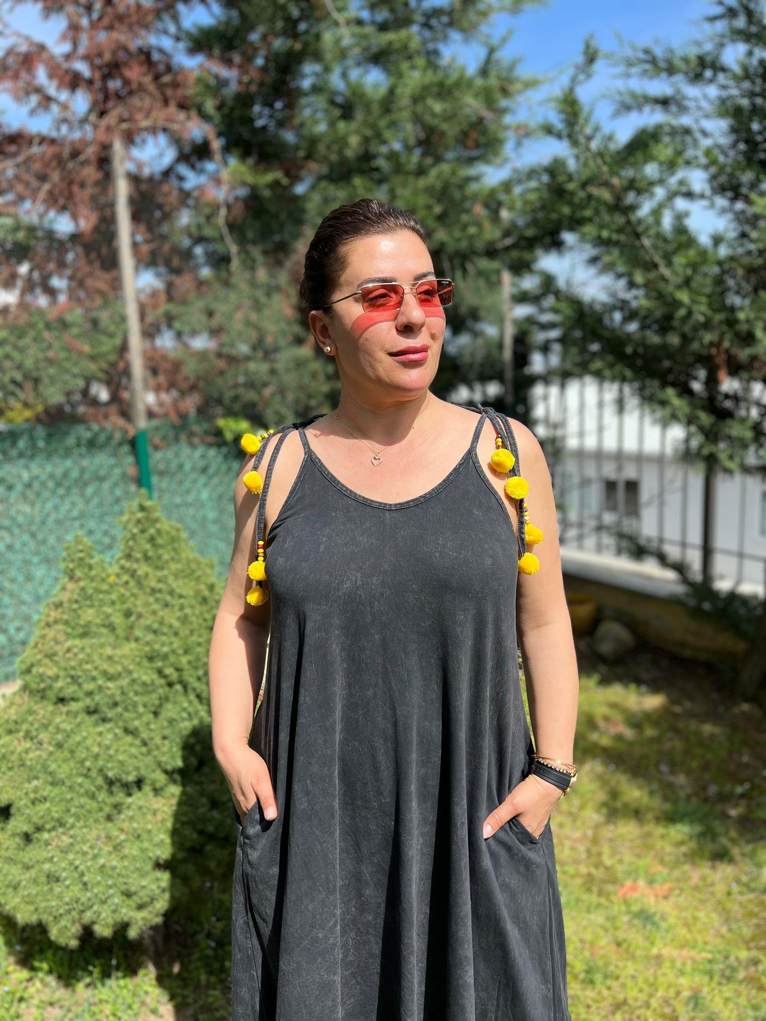 İp Askılı Cepli Geniş Kesim %100 Pamuk Yıkamalı Maxi Elbise