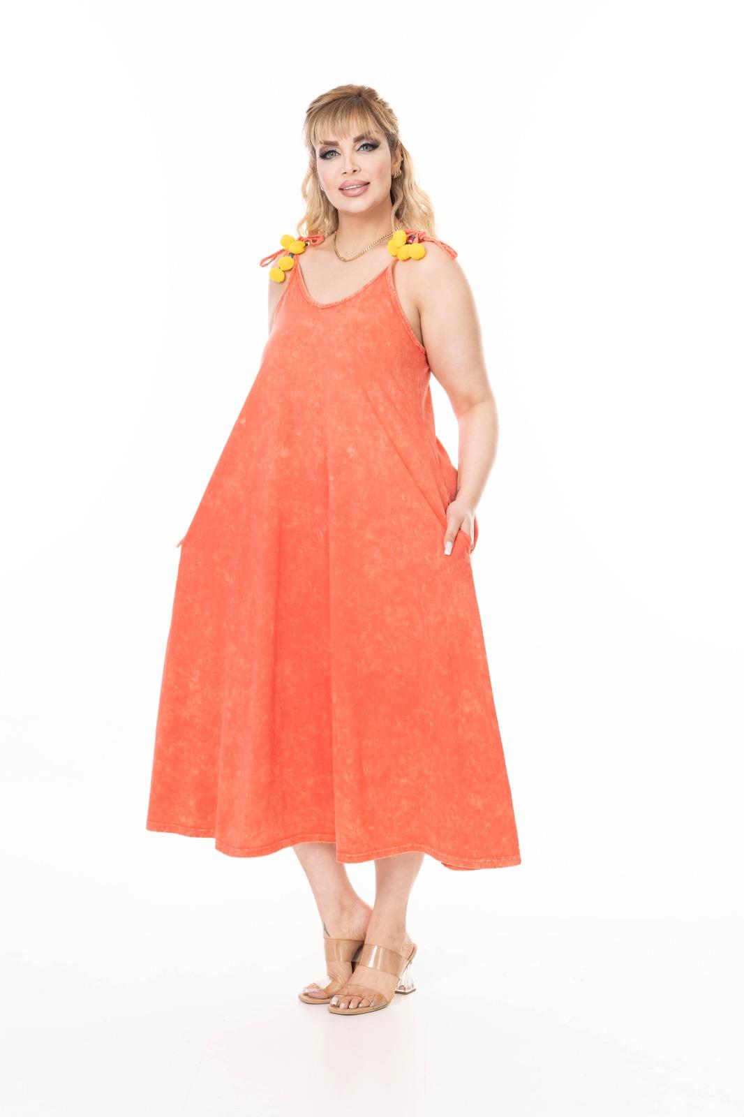 İp Askılı Cepli Geniş Kesim %100 Pamuk Yıkamalı Maxi Elbise