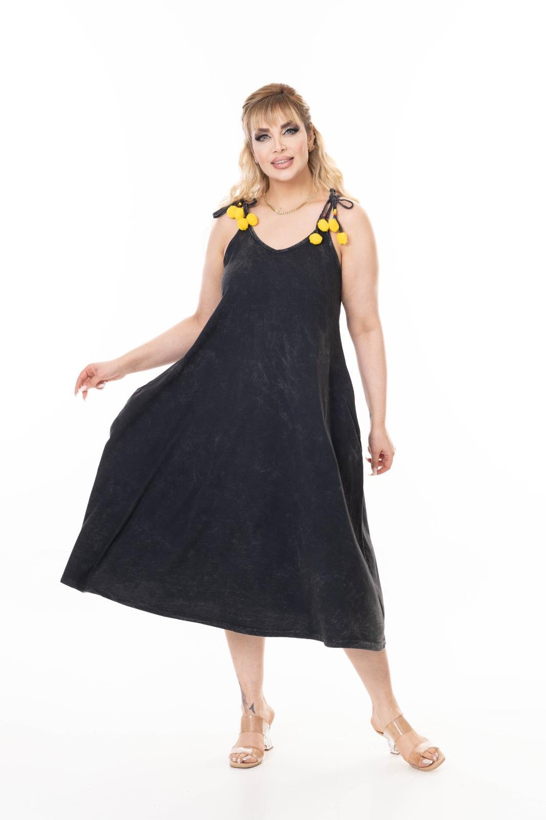 İp Askılı Cepli Geniş Kesim %100 Pamuk Yıkamalı Maxi Elbise