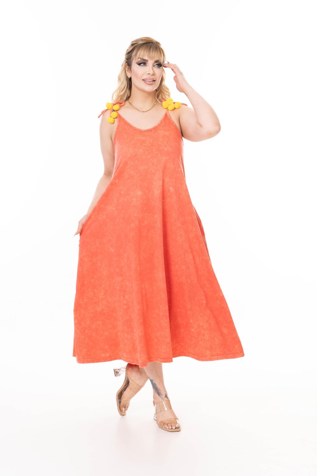 İp Askılı Cepli Geniş Kesim %100 Pamuk Yıkamalı Maxi Elbise