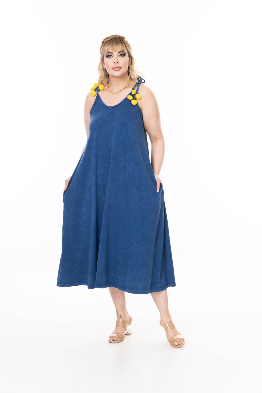 İp Askılı Cepli Geniş Kesim % Pamuk Yıkamalı Maxi Elbise