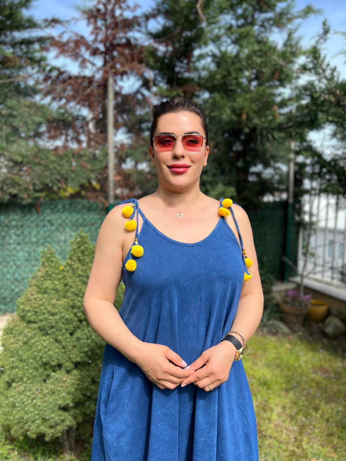 İp Askılı Cepli Geniş Kesim % Pamuk Yıkamalı Maxi Elbise