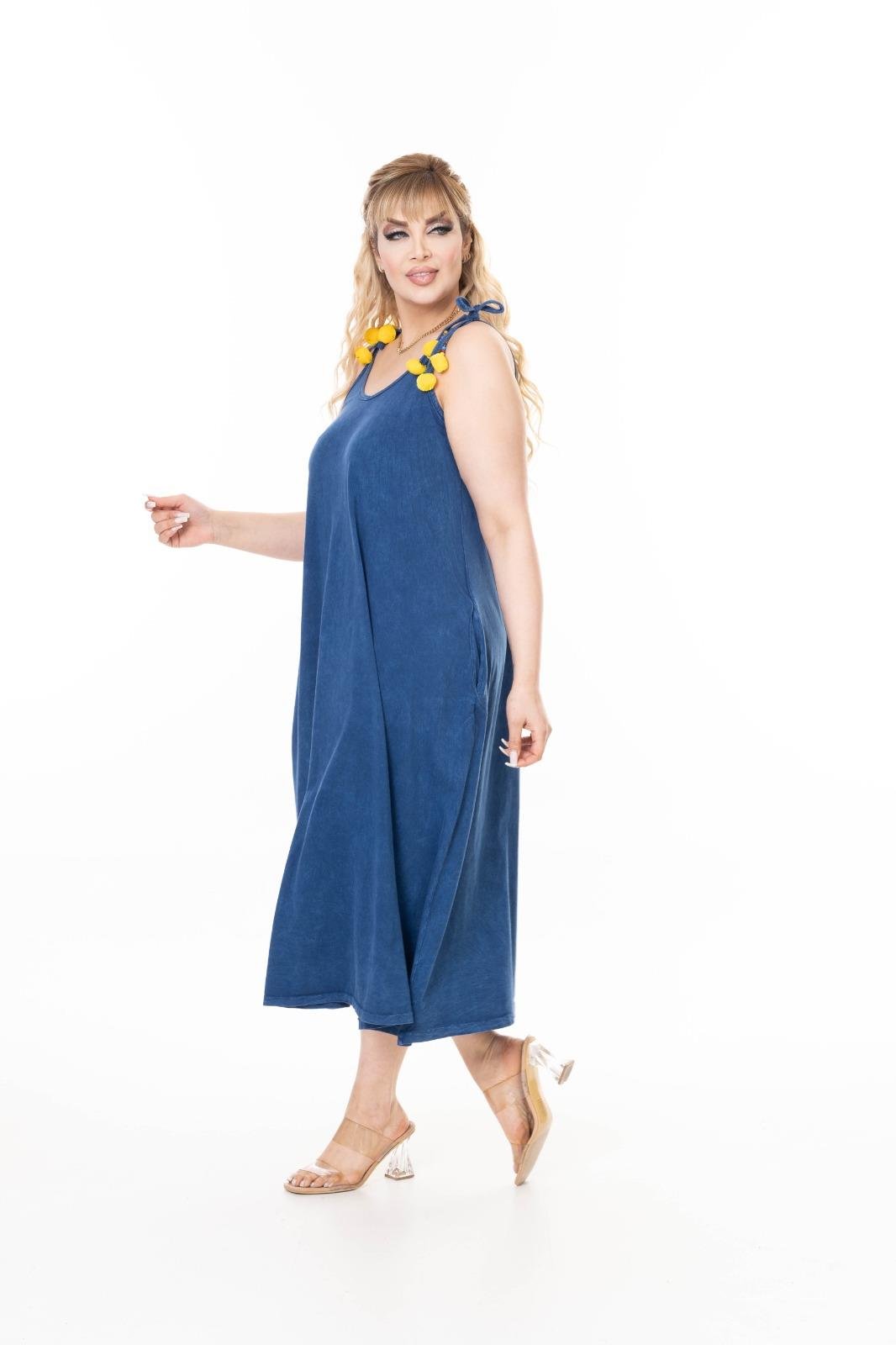 İp Askılı Cepli Geniş Kesim % Pamuk Yıkamalı Maxi Elbise