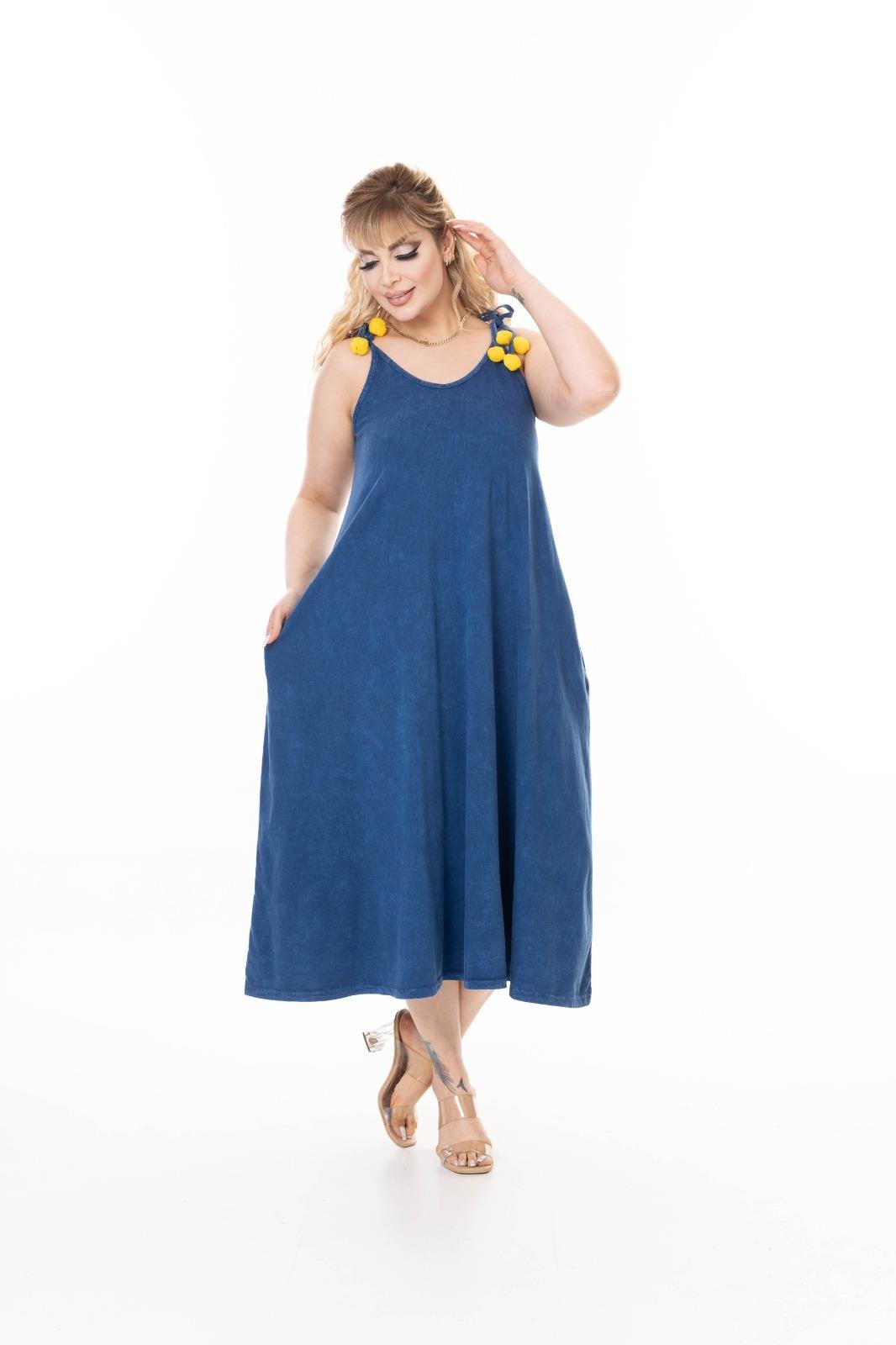 İp Askılı Cepli Geniş Kesim % Pamuk Yıkamalı Maxi Elbise