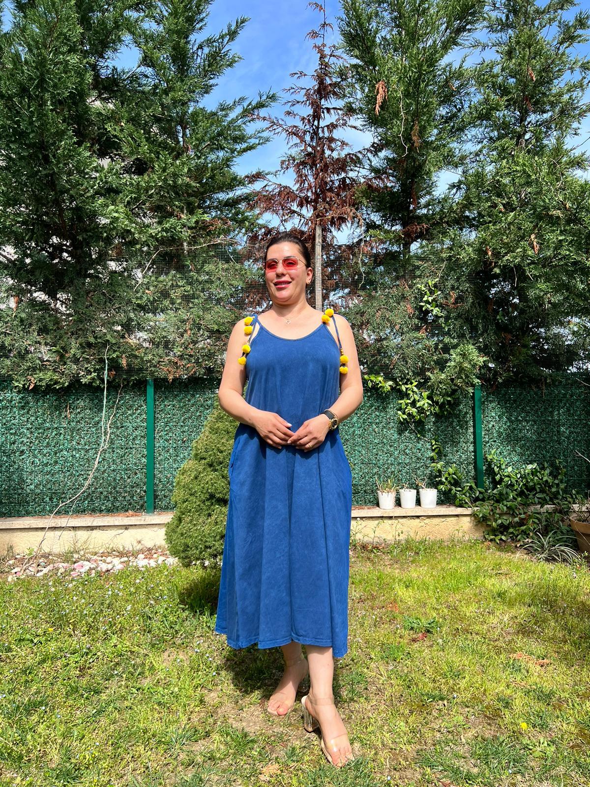 İp Askılı Cepli Geniş Kesim % Pamuk Yıkamalı Maxi Elbise