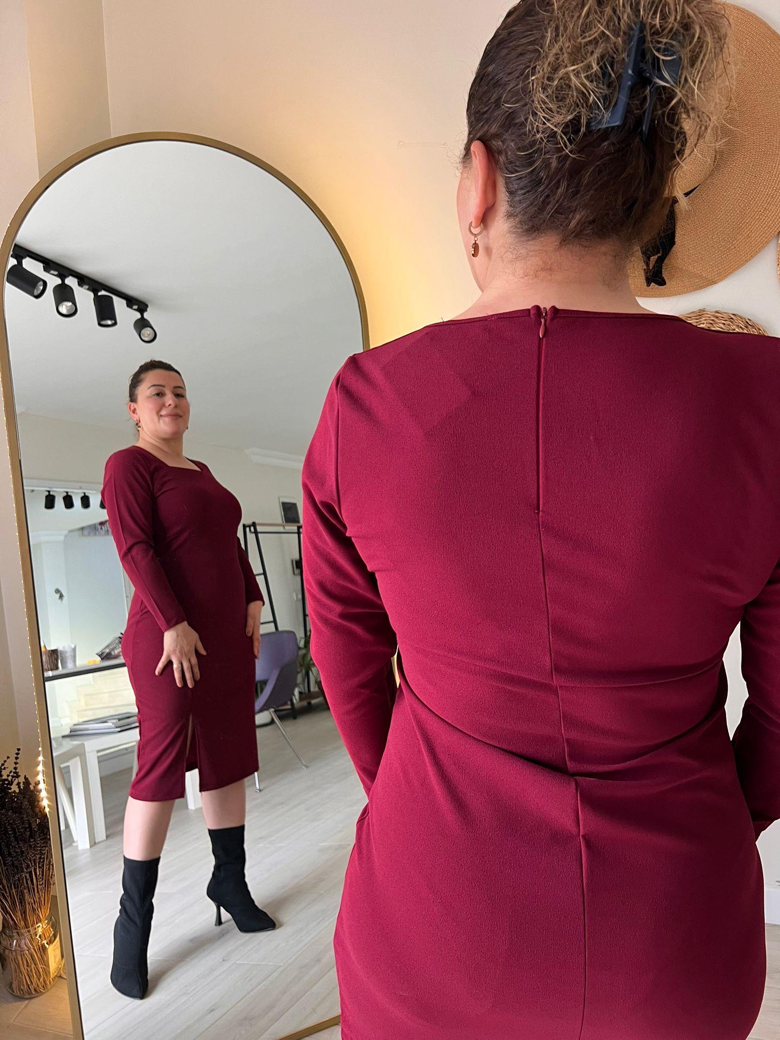 Kare Yaka Midi Boy Krep Kumaş Kalem Elbise | Mjora Butik