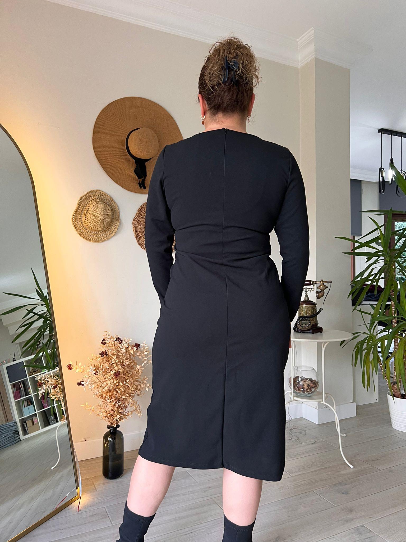 Kare Yaka Midi Boy Krep Kumaş Kalem Elbise | Mjora Butik