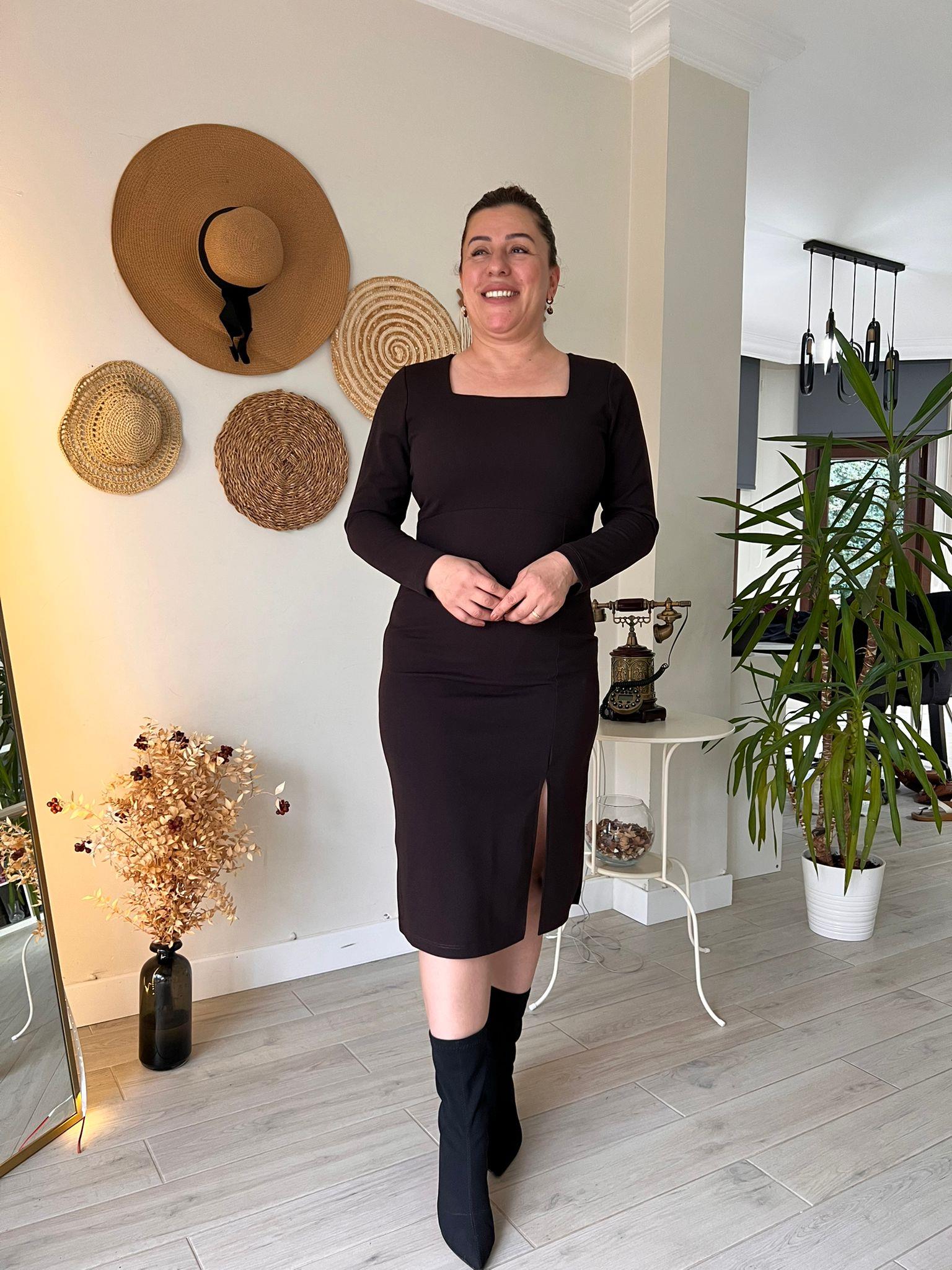 Kare Yaka Midi Boy Krep Kumaş Kalem Elbise | Mjora Butik