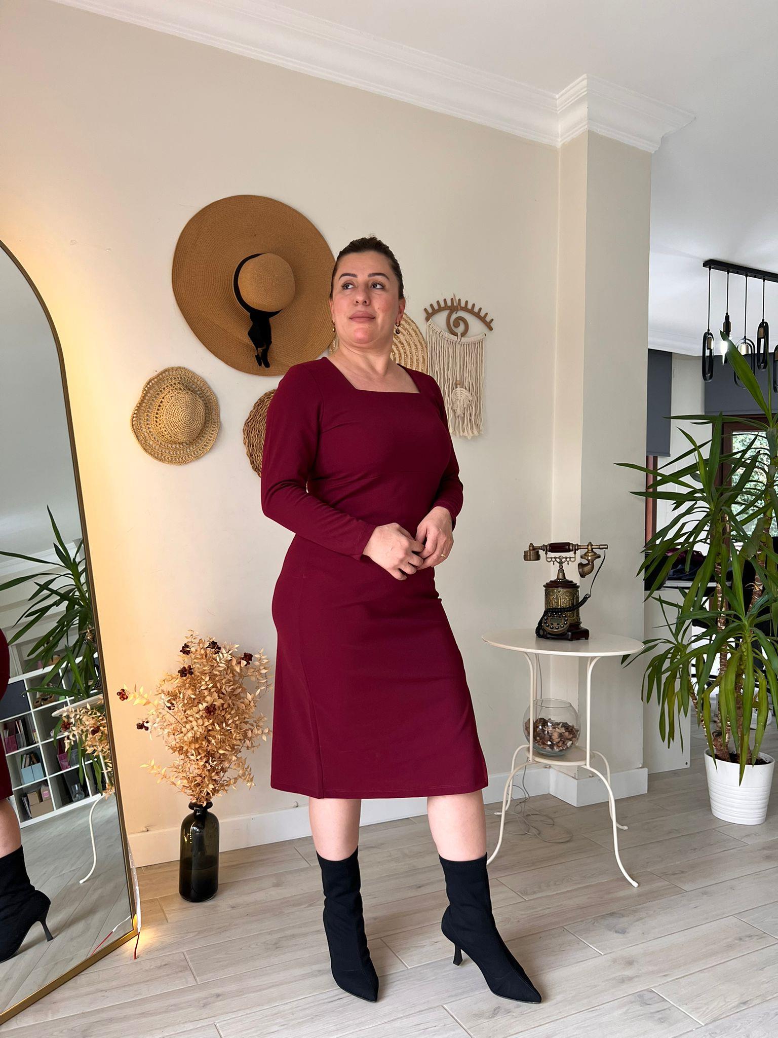 Kare Yaka Midi Boy Krep Kumaş Kalem Elbise | Mjora Butik