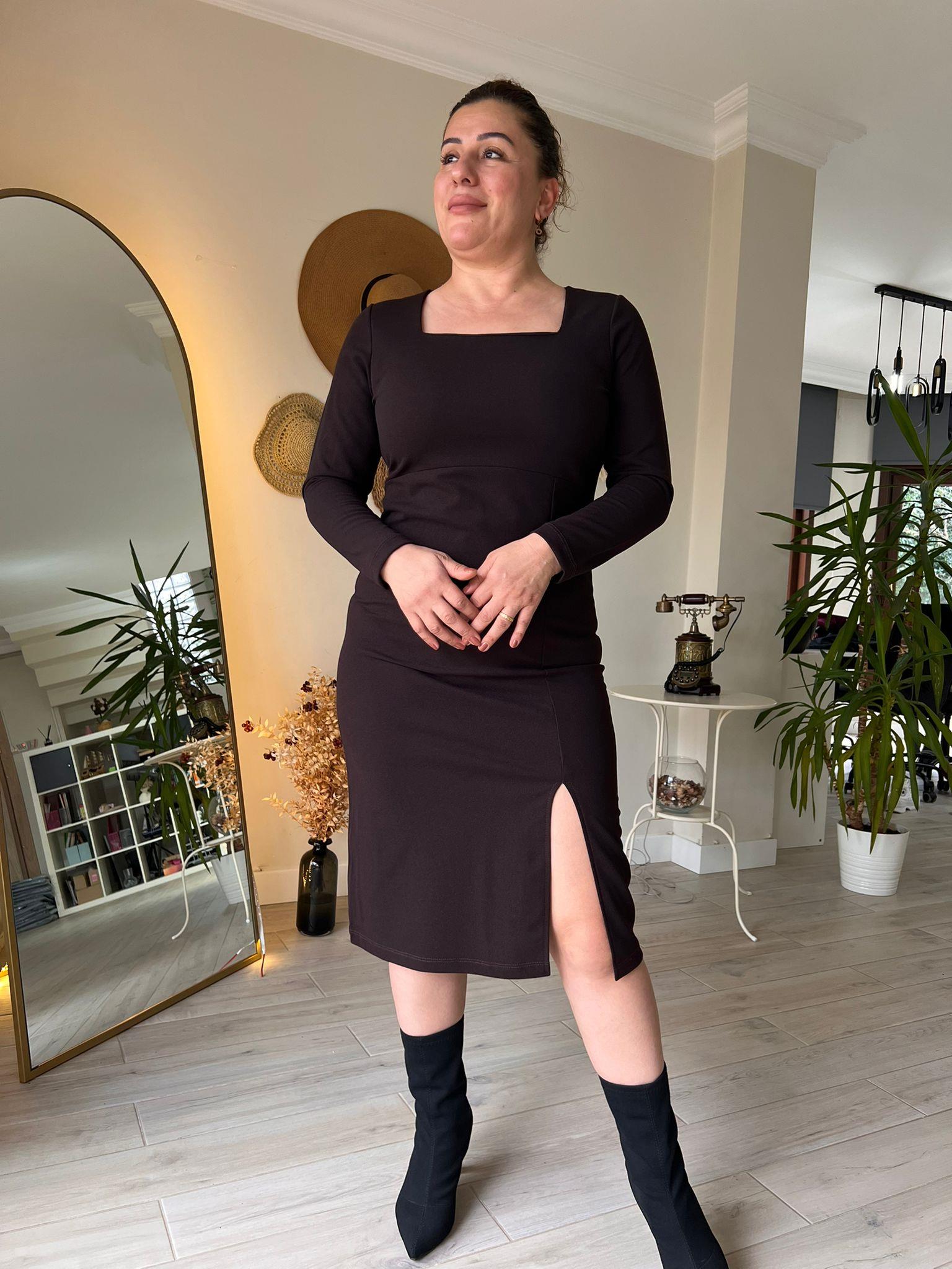 Kare Yaka Midi Boy Krep Kumaş Kalem Elbise | Mjora Butik