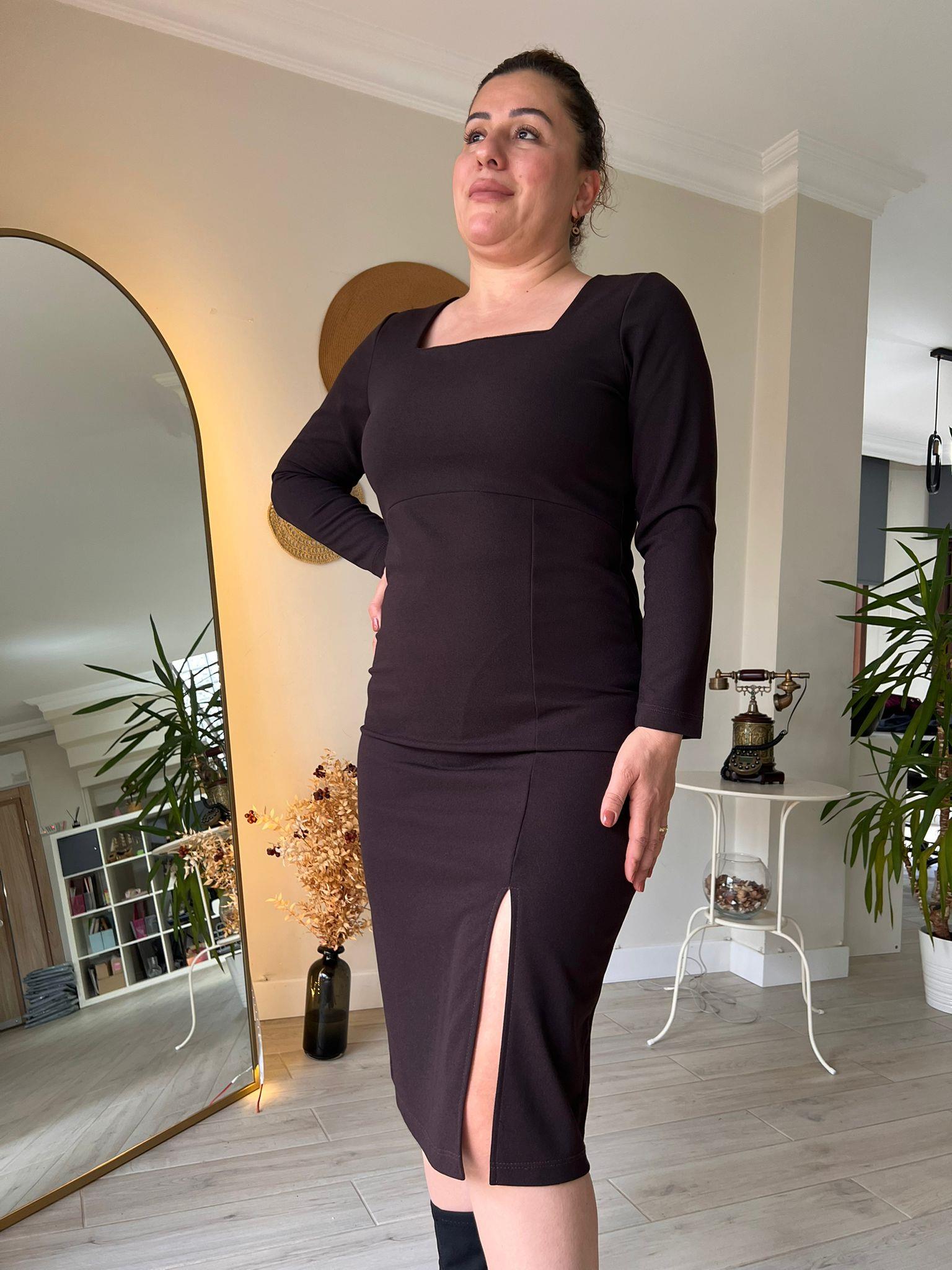 Kare Yaka Midi Boy Krep Kumaş Kalem Elbise | Mjora Butik