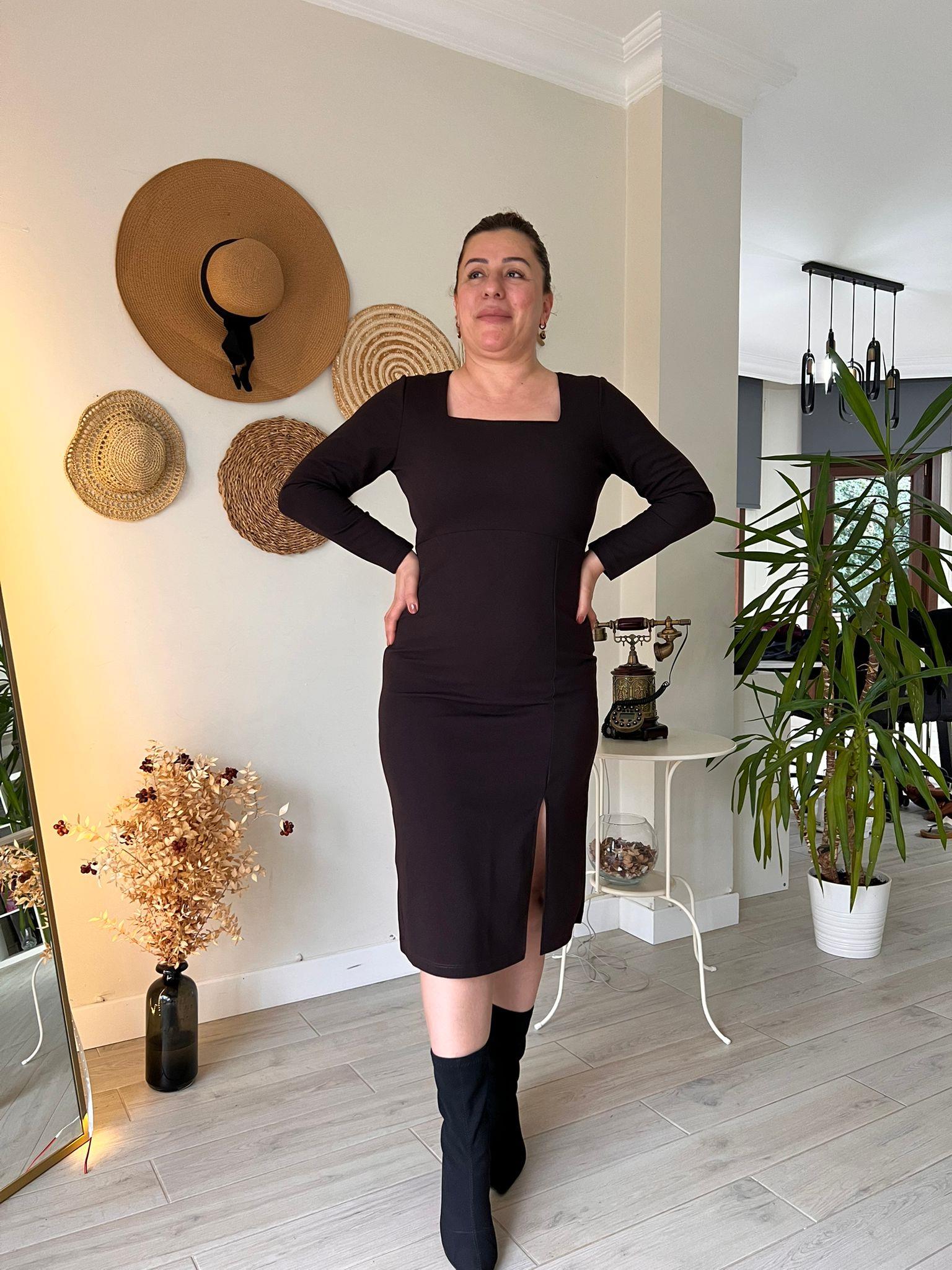 Kare Yaka Midi Boy Krep Kumaş Kalem Elbise | Mjora Butik