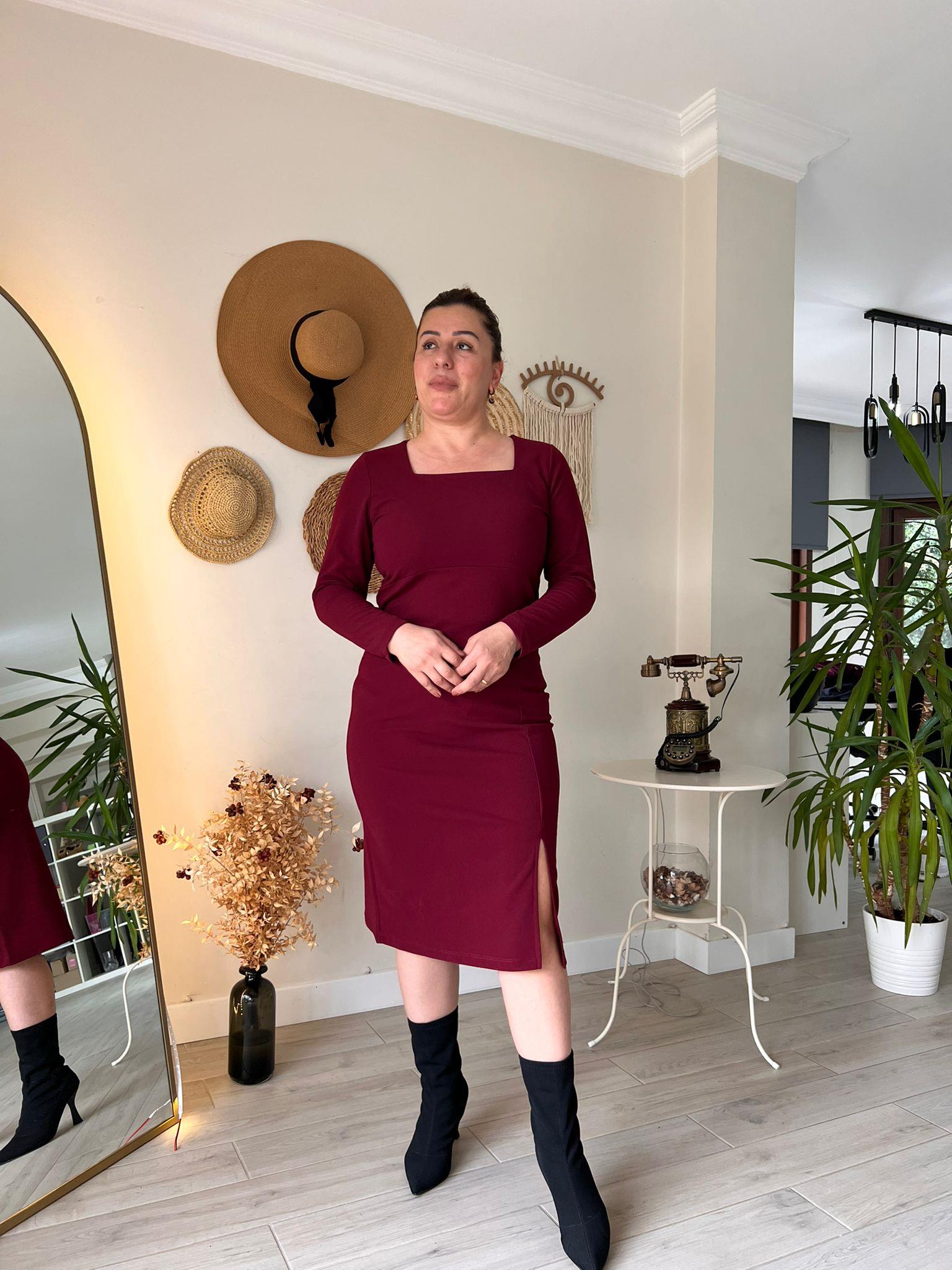 Kare Yaka Midi Boy Krep Kumaş Kalem Elbise | Mjora Butik