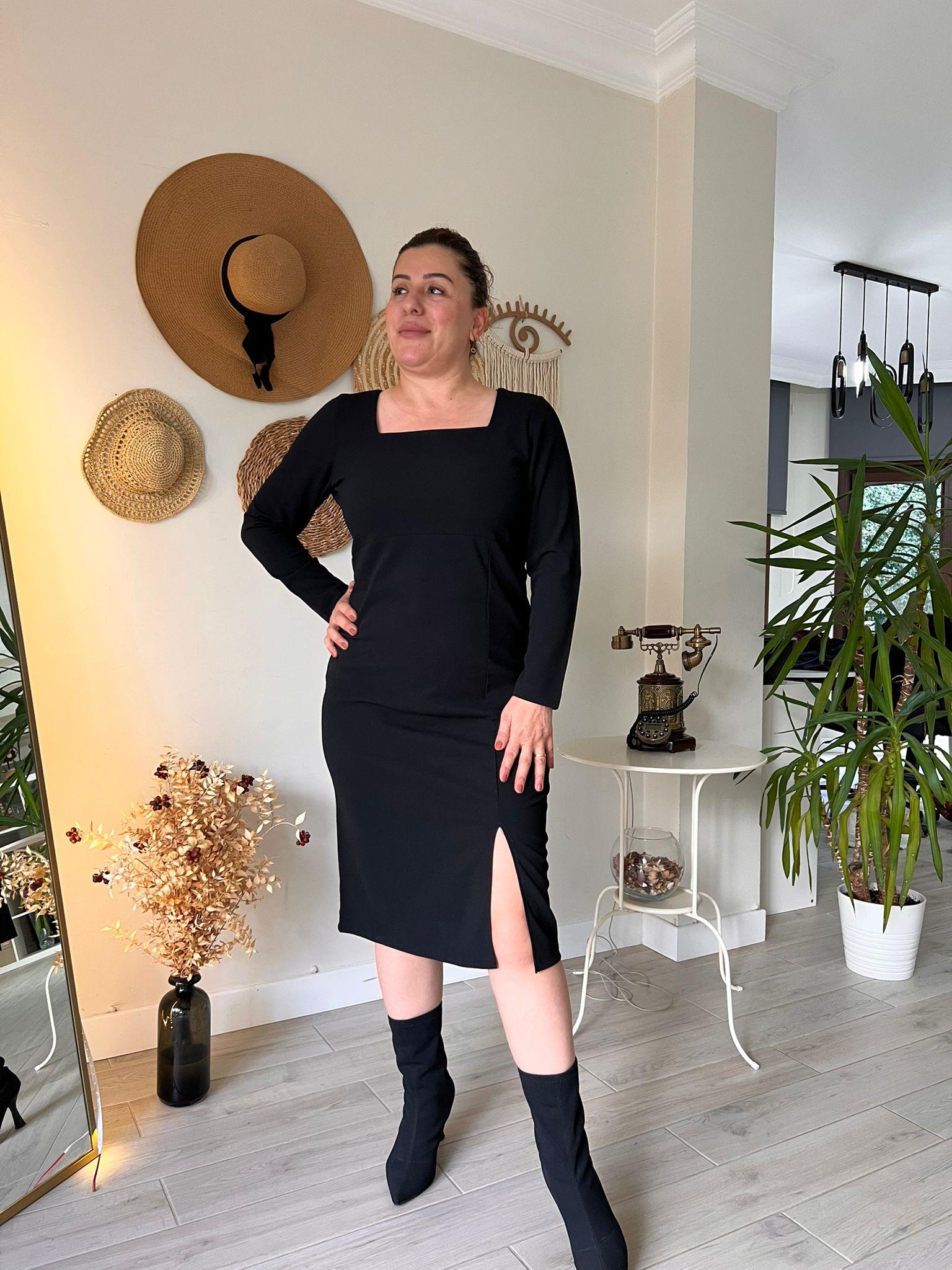 Kare Yaka Midi Boy Krep Kumaş Kalem Elbise | Mjora Butik