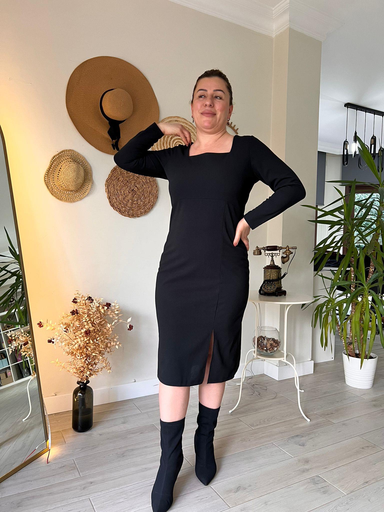 Kare Yaka Midi Boy Krep Kumaş Kalem Elbise | Mjora Butik