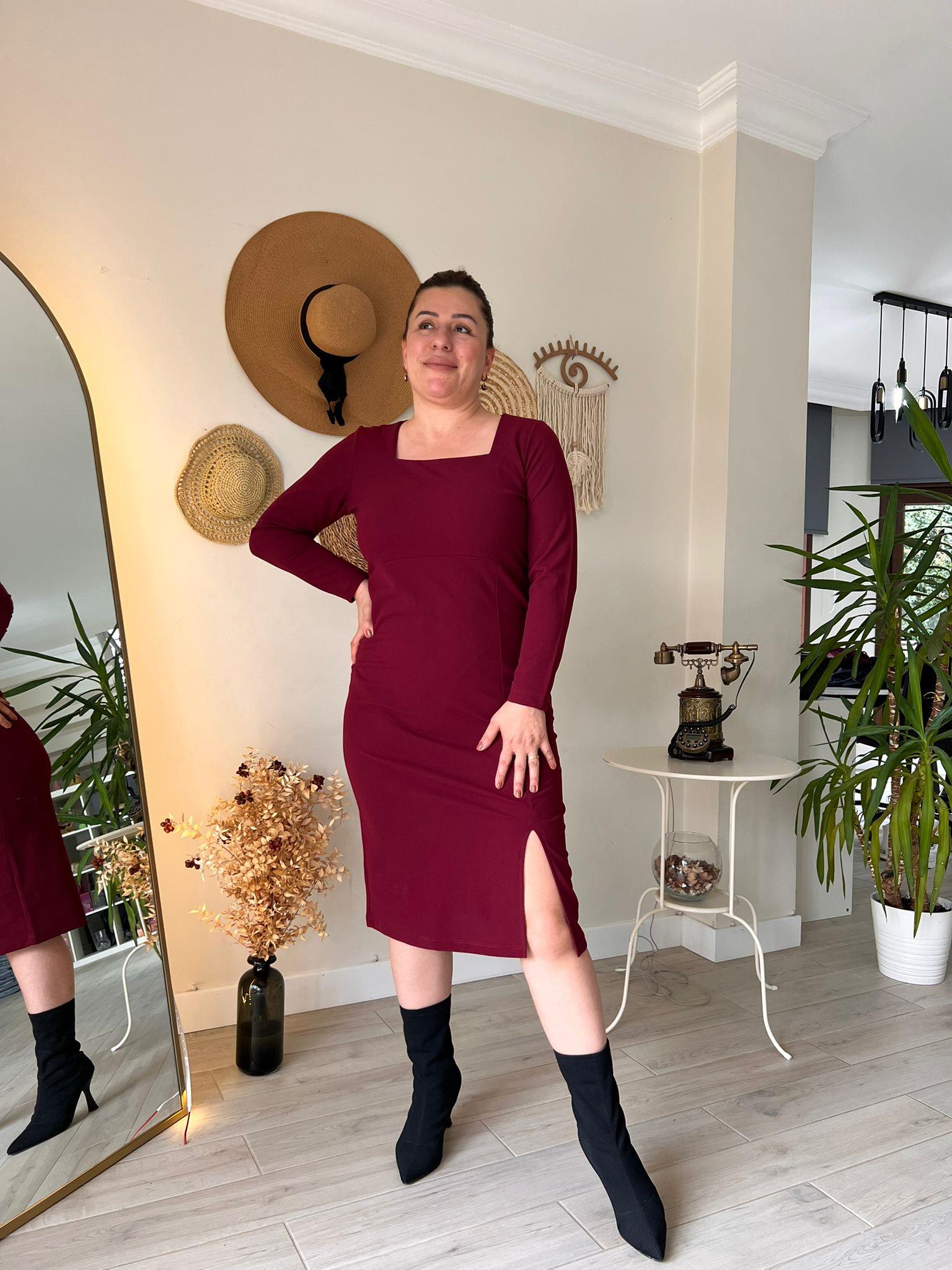 Kare Yaka Midi Boy Krep Kumaş Kalem Elbise | Mjora Butik