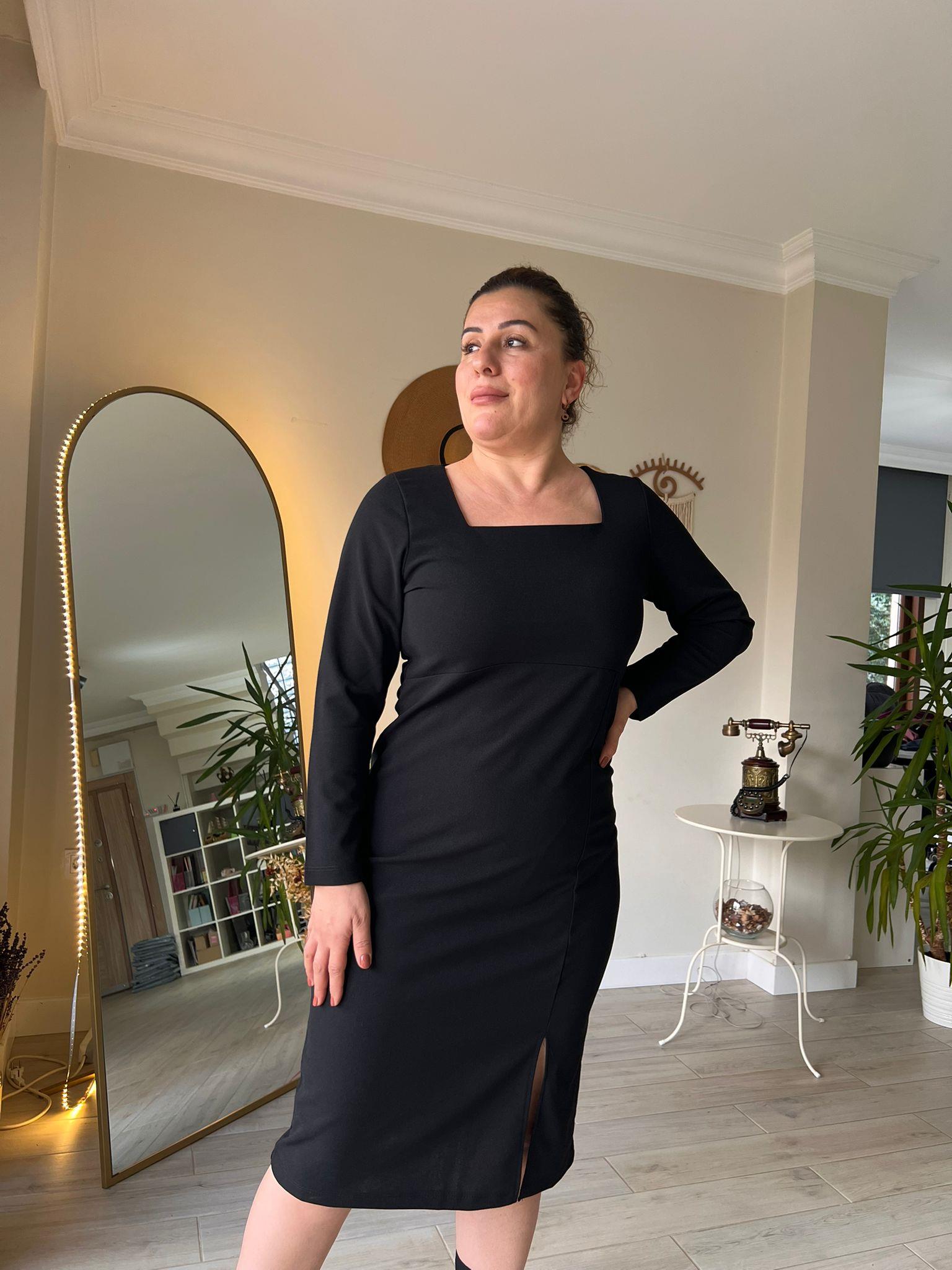 Kare Yaka Midi Boy Krep Kumaş Kalem Elbise | Mjora Butik