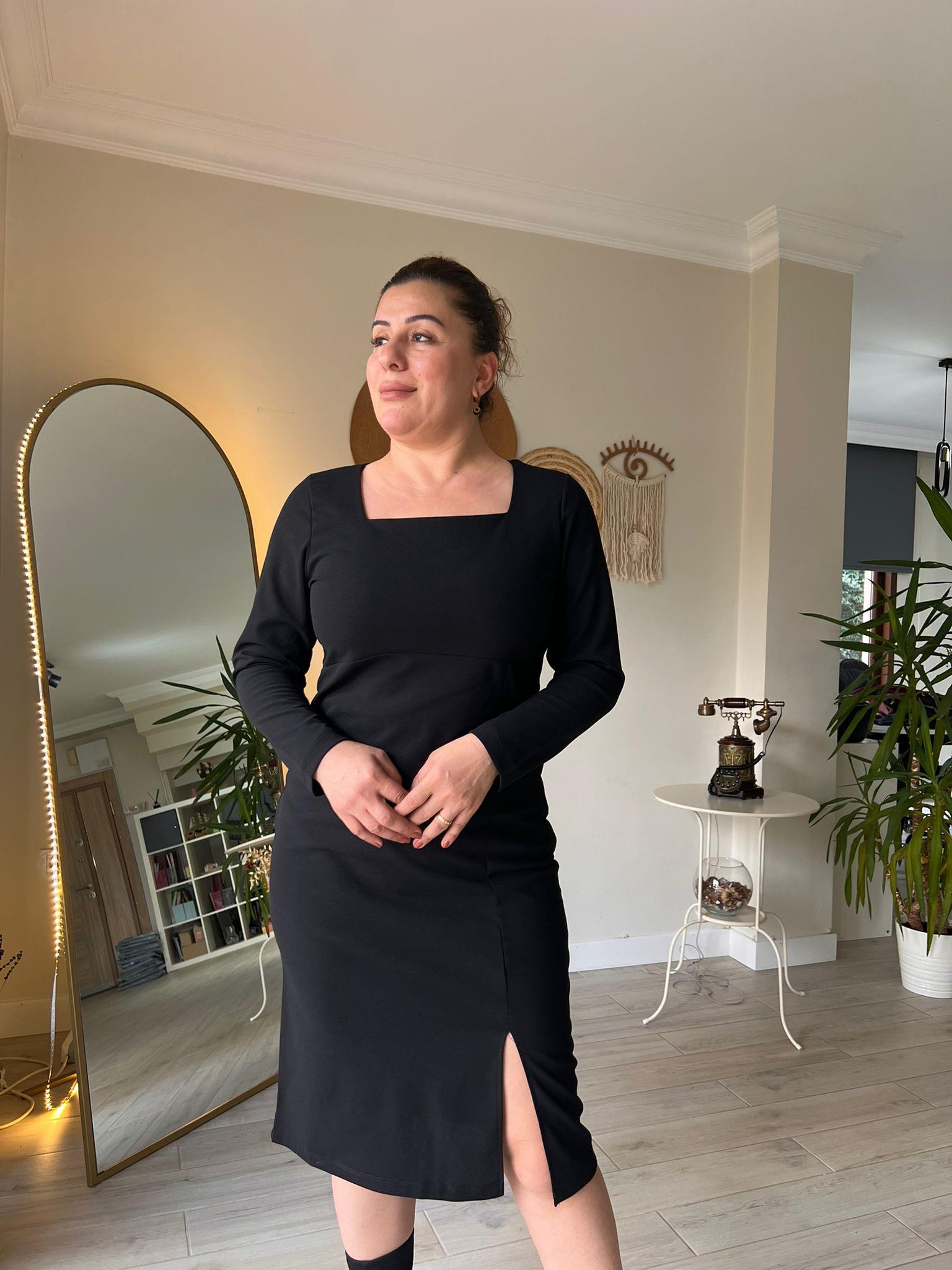 Kare Yaka Midi Boy Krep Kumaş Kalem Elbise | Mjora Butik