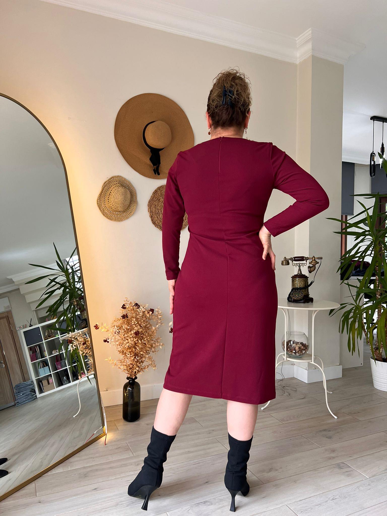 Kare Yaka Midi Boy Krep Kumaş Kalem Elbise | Mjora Butik