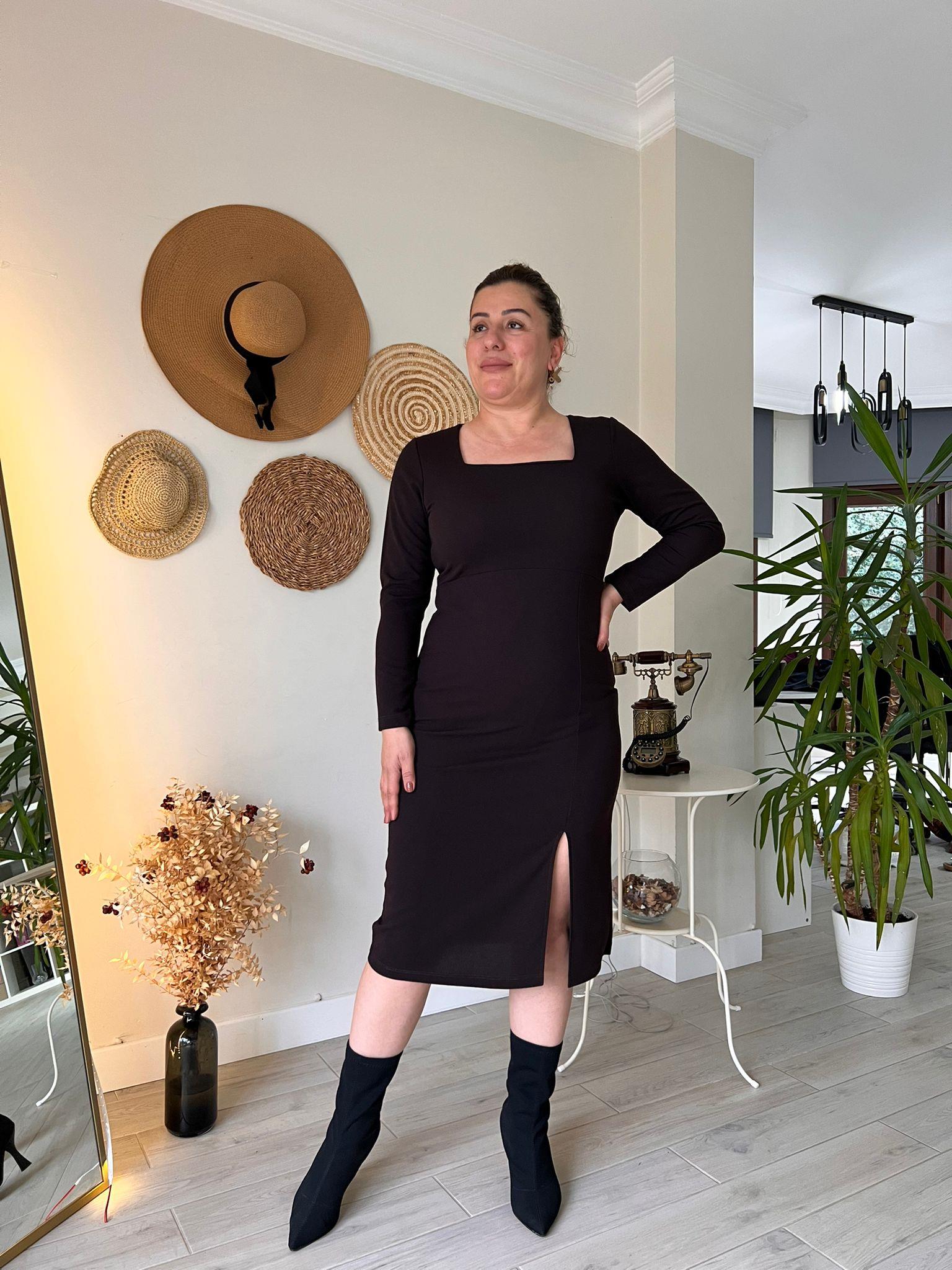 Kare Yaka Midi Boy Krep Kumaş Kalem Elbise | Mjora Butik